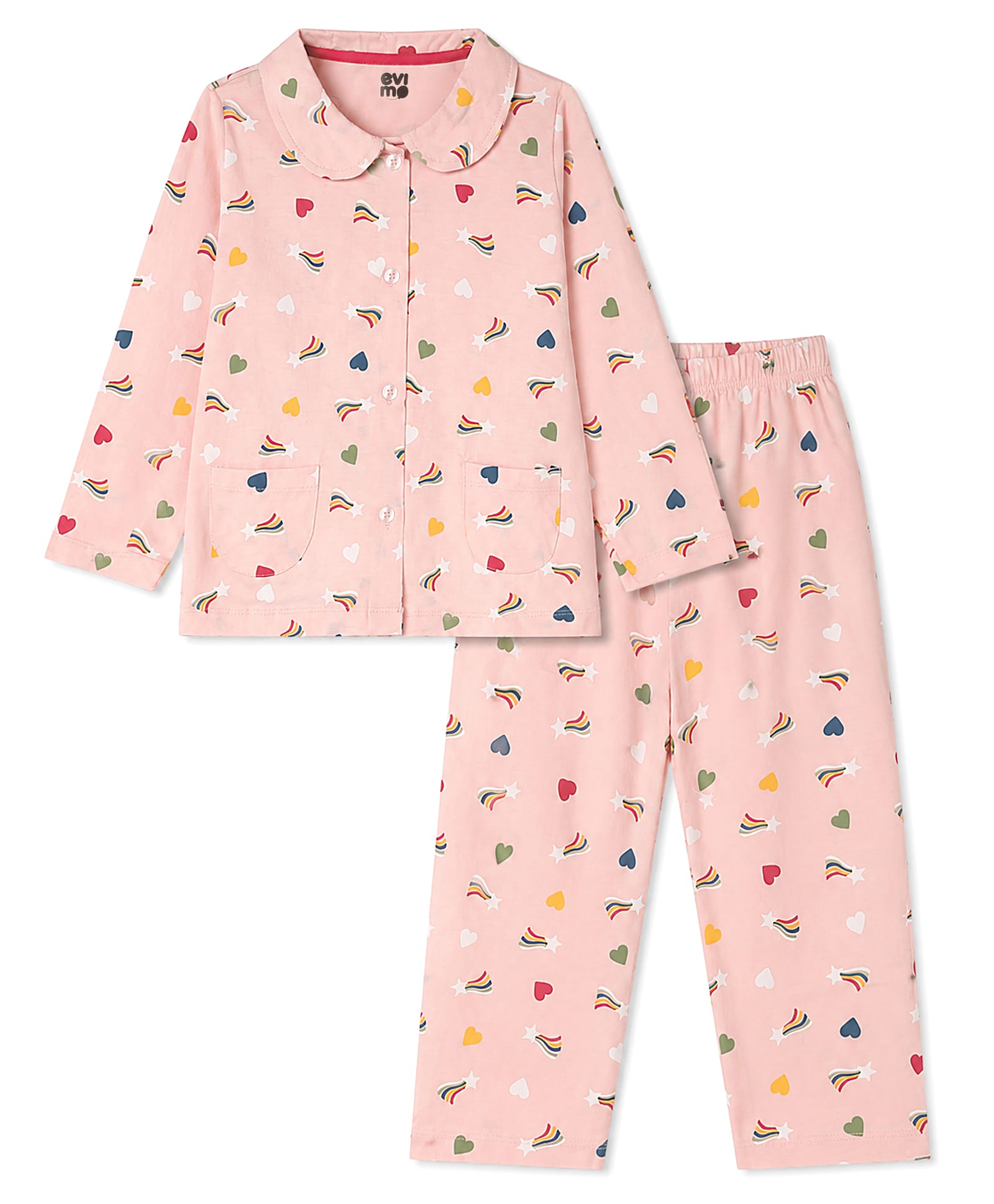 Evimo Single Jersey Knit Half Sleeves Co-Ords Heart Printed Shirt & Pajama Night Suit -Pink-picture-38
