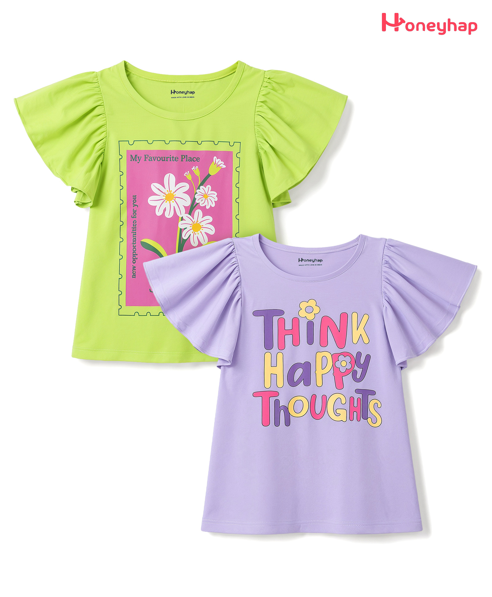Honeyhap Premium Cotton Knit Floral & Text Printed Tops with Bio Finish Pack of 2 - Green Glow & Pansy-picture-26