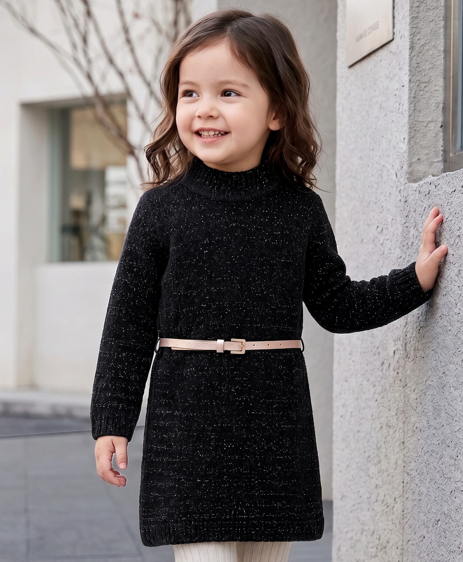 Babyhug Knit Full Sleeves Solid Colour Turtle Neck Sweater Dress with Belt- Black-picture-17