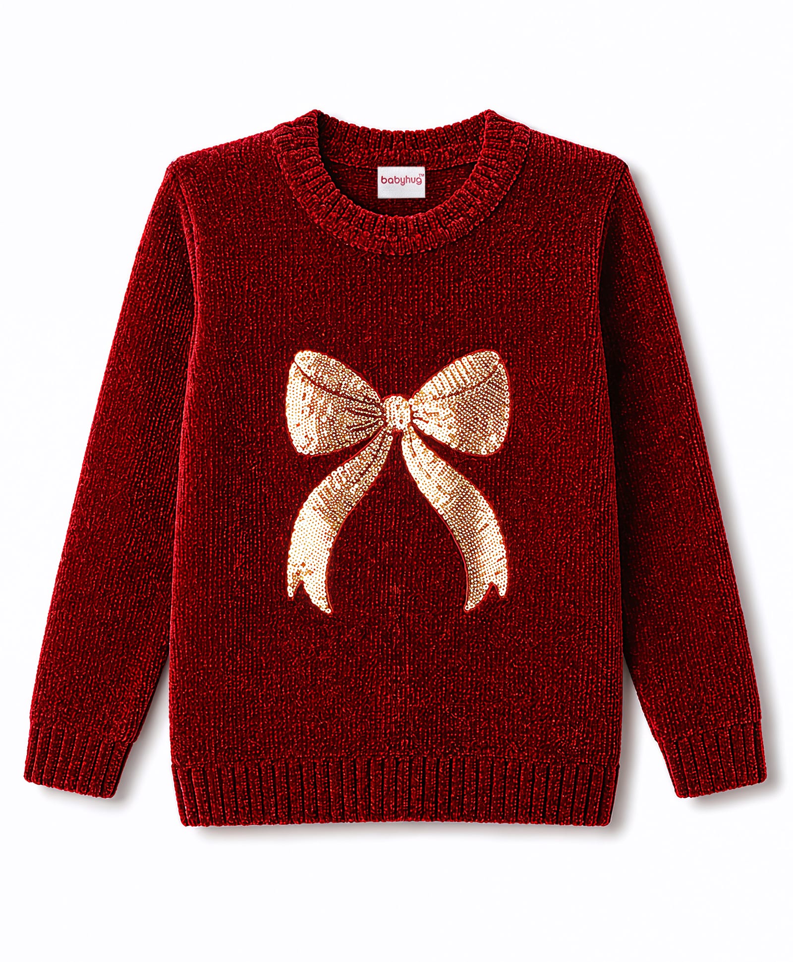 Babyhug Knit Full Sleeves Pullover With Glitter Bow Design - Maroon-picture-12