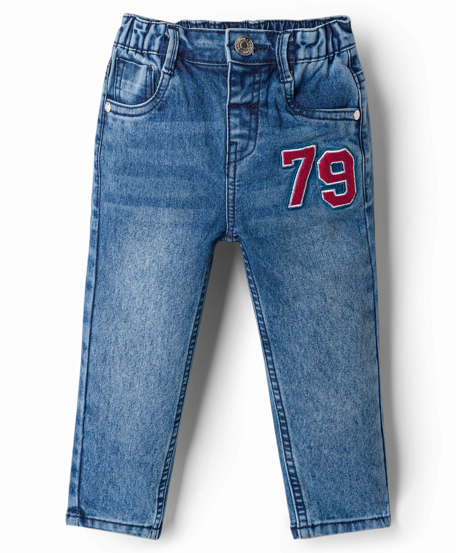 Babyhug Cotton Lycra Full Length Washed Denim Jeans With Number Embroidery - Blue-picture-20