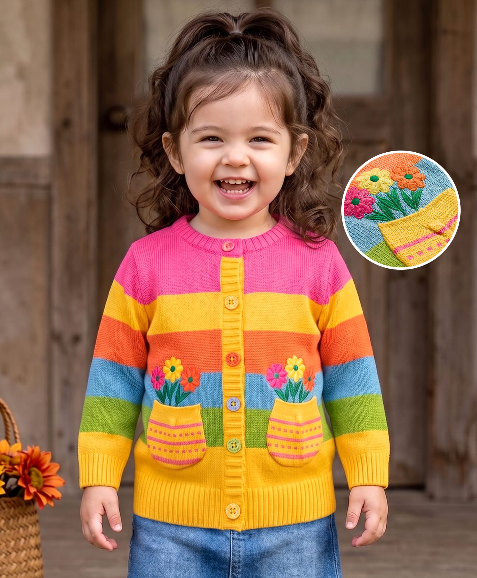 Babyhug Knit Full Sleeves Floral Embroidered Front Open Sweater - Multicolor-image-12