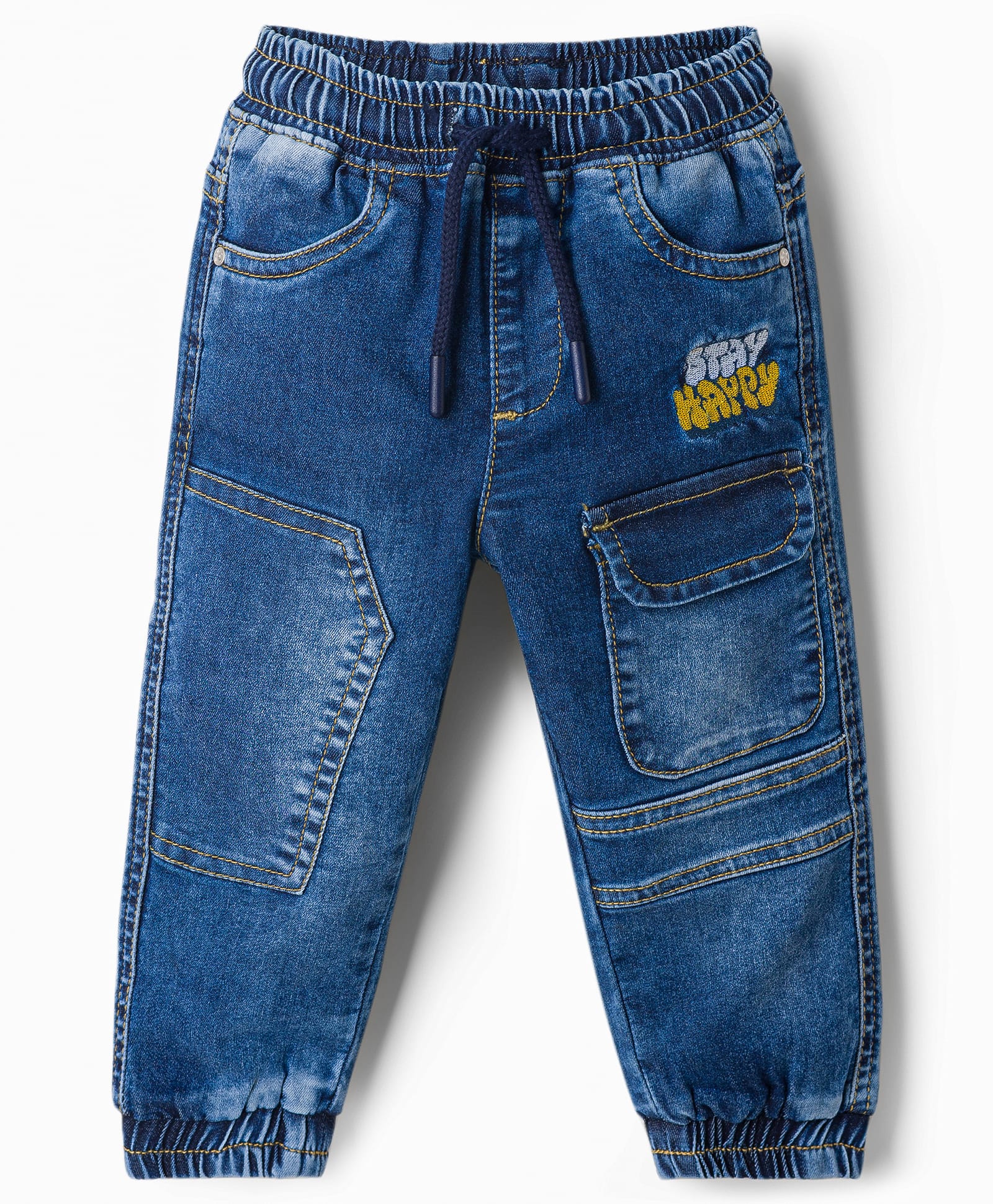 Babyhug Cotton Lycra Full Length Washed Denim Jeans with Text Embroidery & Stretch - Navy Blue-picture-15