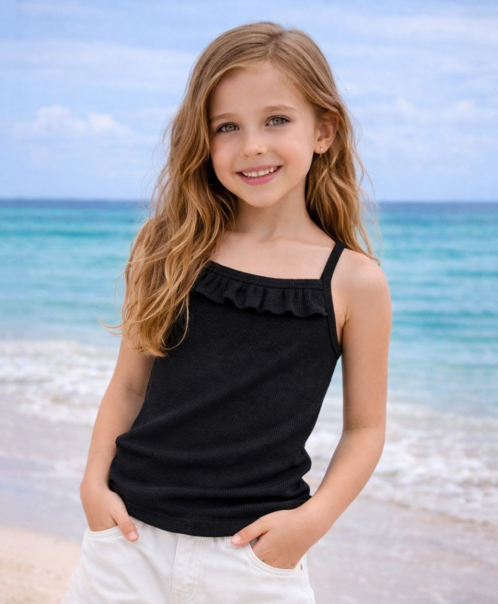 Aww Hunnie Knit Sleeveless Frill Detailed Solid Top - Black-picture-22