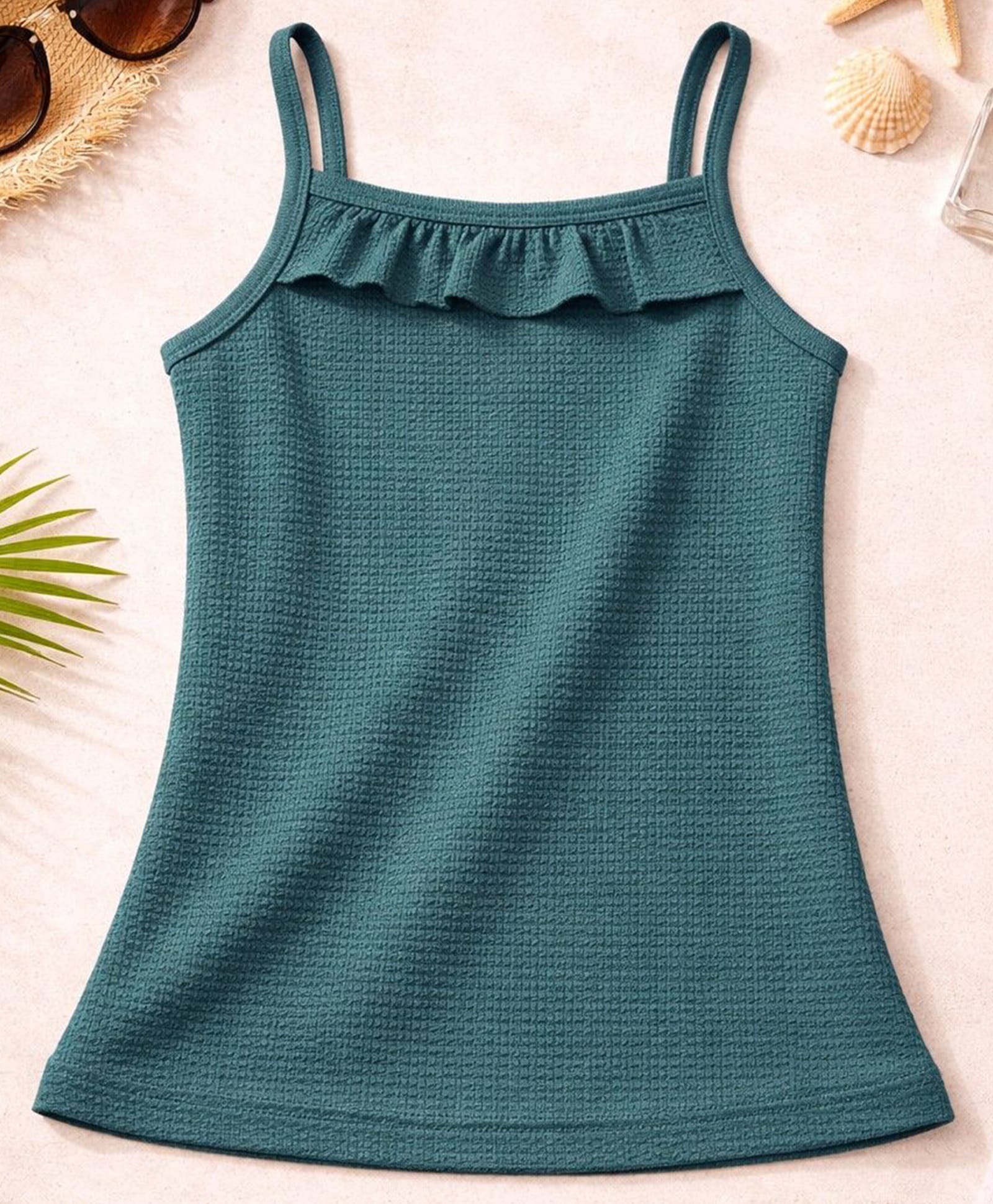 Aww Hunnie Knit Sleeveless Frill Detailed Solid Top - Green-picture-28