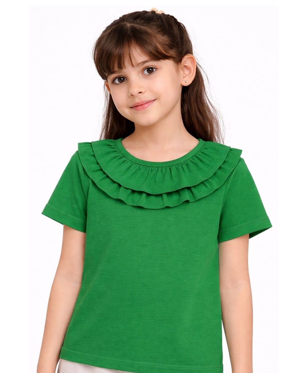 Aww Hunnie Cotton Jersey Knit Half Sleeves Frill Detailed Solid Top - Green-picture-27