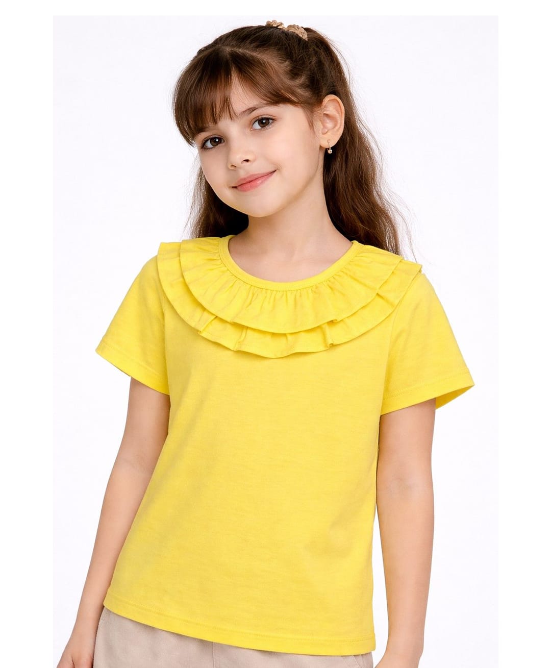 Aww Hunnie Cotton Jersey Knit Half Sleeves Frill Detailed Solid Top - Yellow-image-13