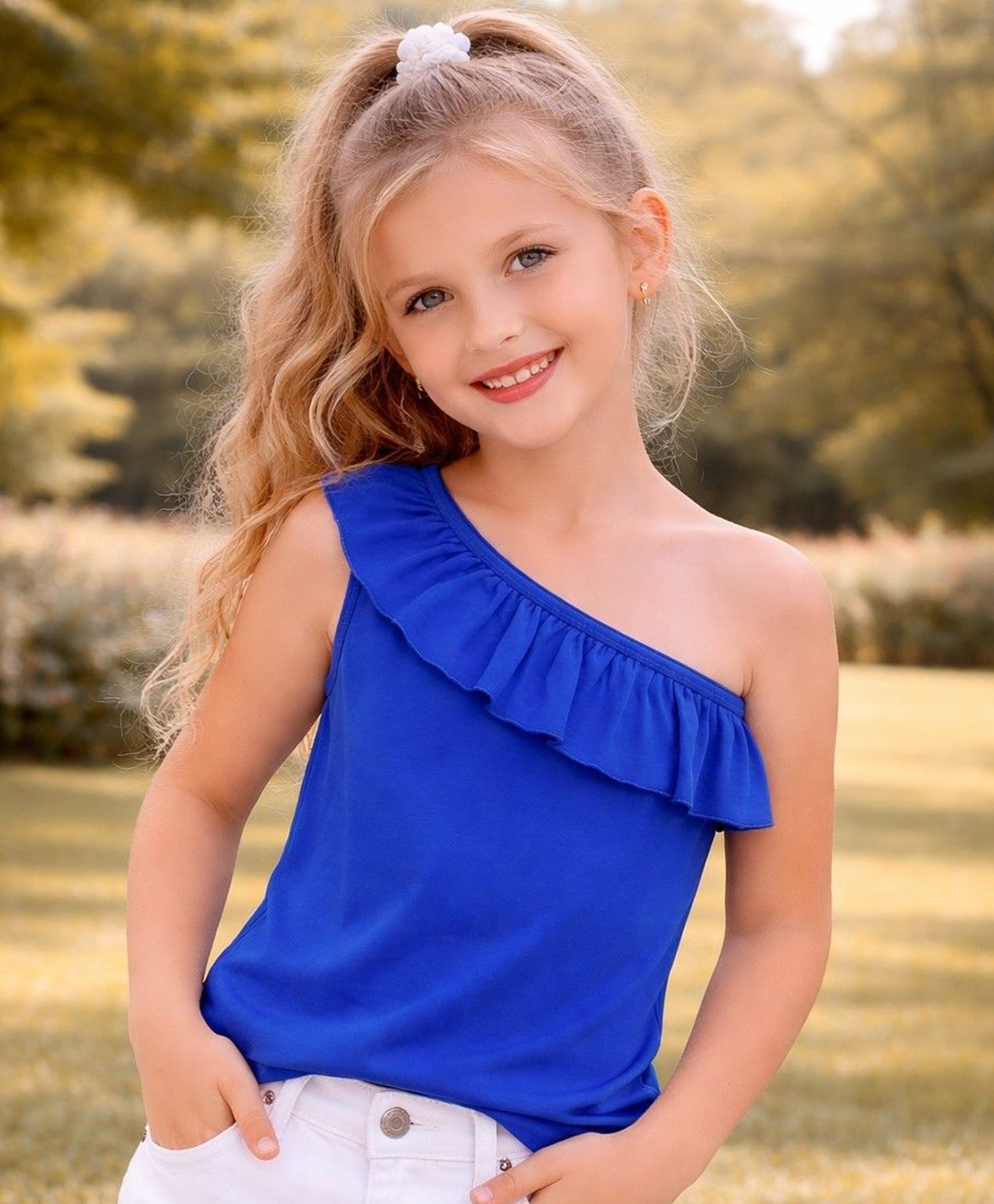 Aww Hunnie Cotton Jersey Knit One Shoulder Frill Detailed Top - Blue-picture-33