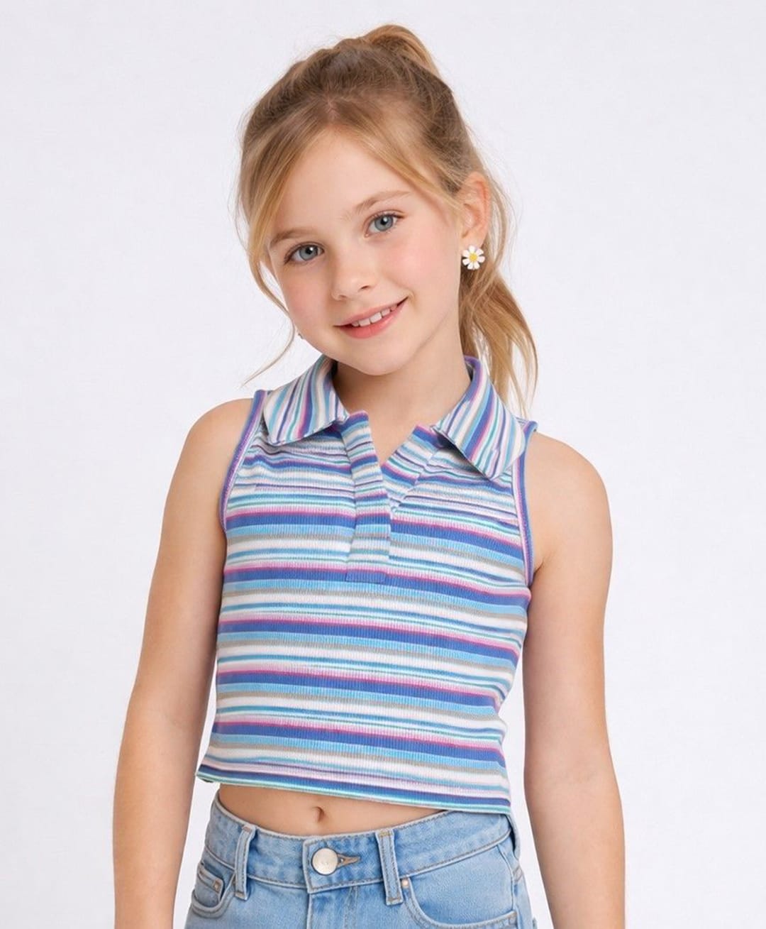 Aww Hunnie Cotton Rib Knit Sleeveless Striped Top - Blue-image-7