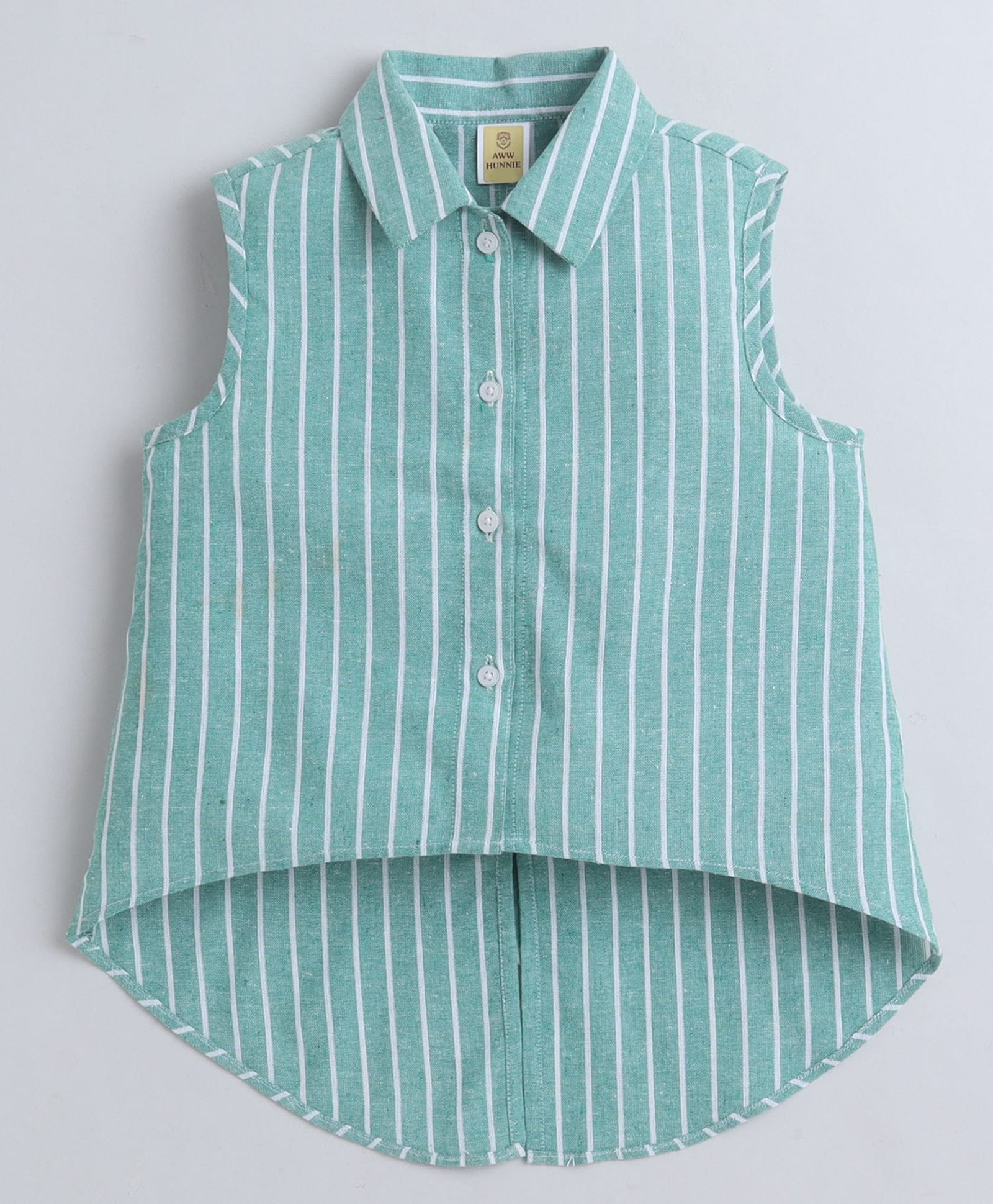 Aww Hunnie Cotton Woven Sleeveless Striped High Low Shirt Style Top - Green-image-34