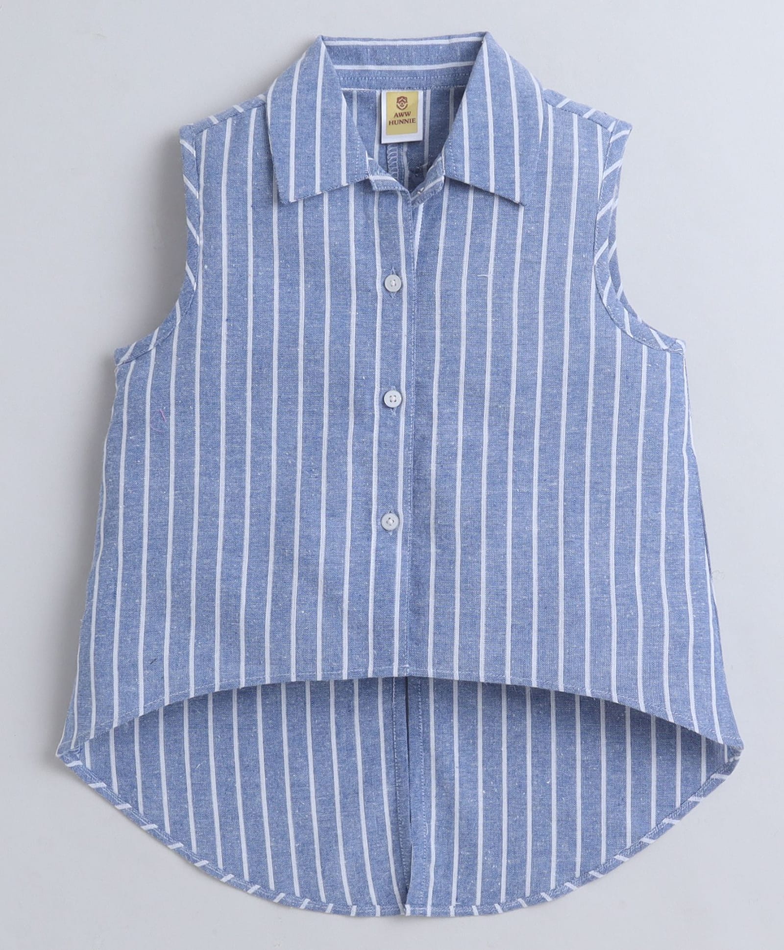 Aww Hunnie Cotton Woven Sleeveless Striped High Low Shirt Style Top - Blue-image-40