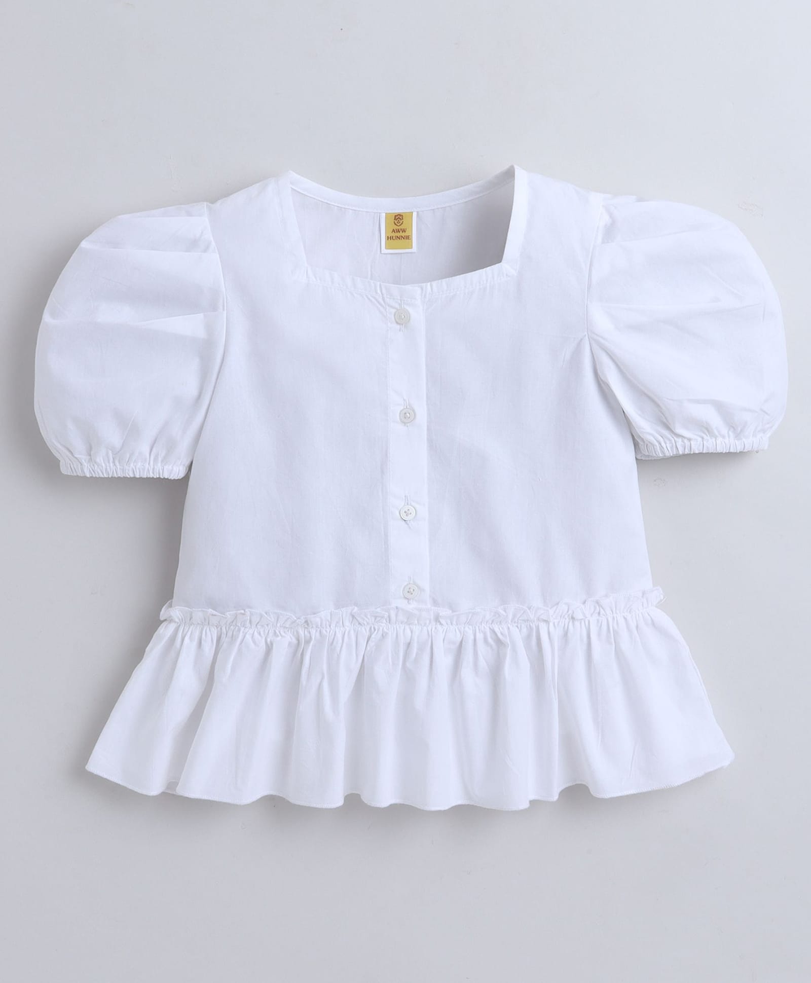 Aww Hunnie Cotton Woven Half Puffed Sleeves Solid Peplum Top - White-picture-13