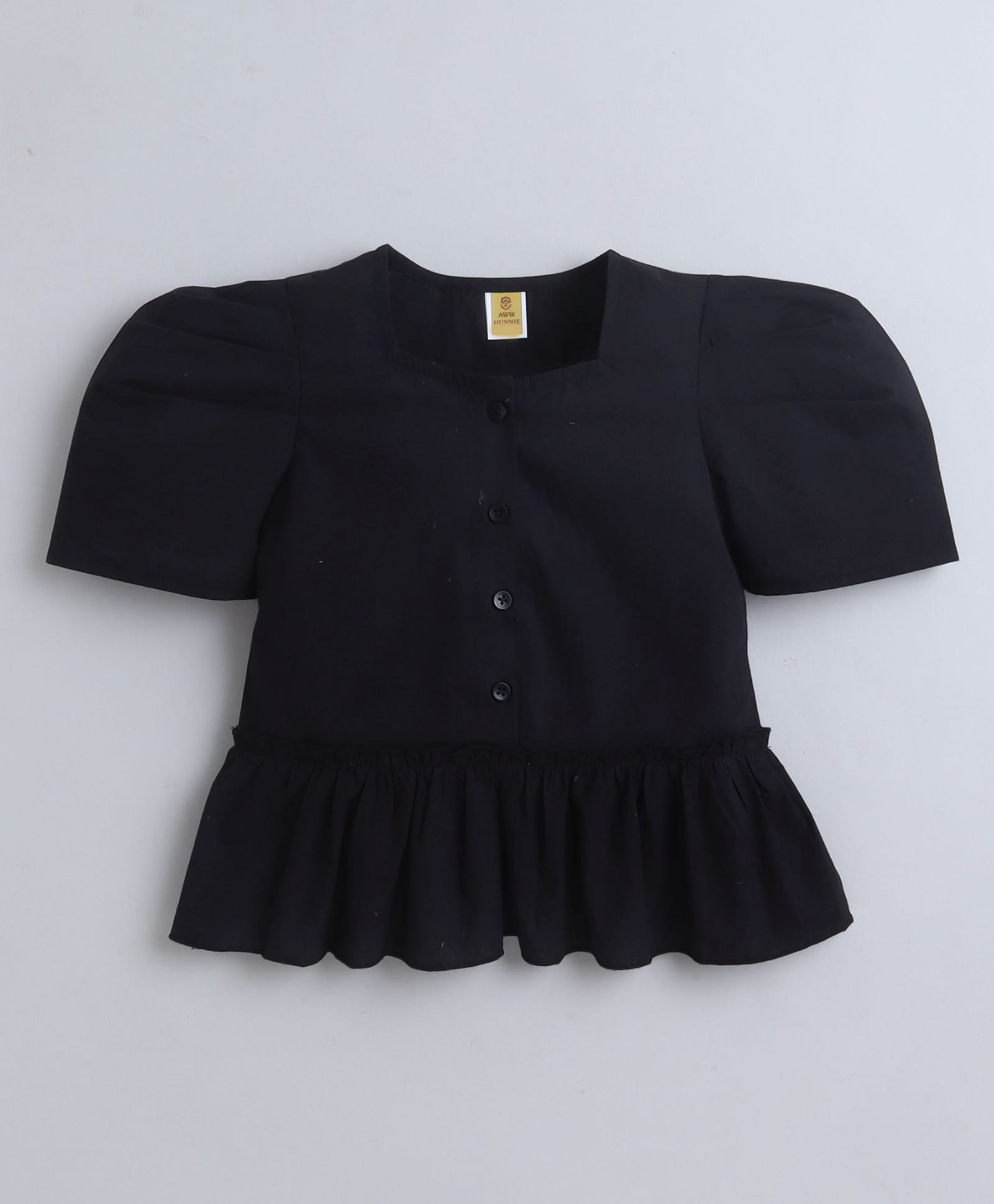 Aww Hunnie Cotton Woven Half Puffed Sleeves Solid Peplum Top - Black-picture-26