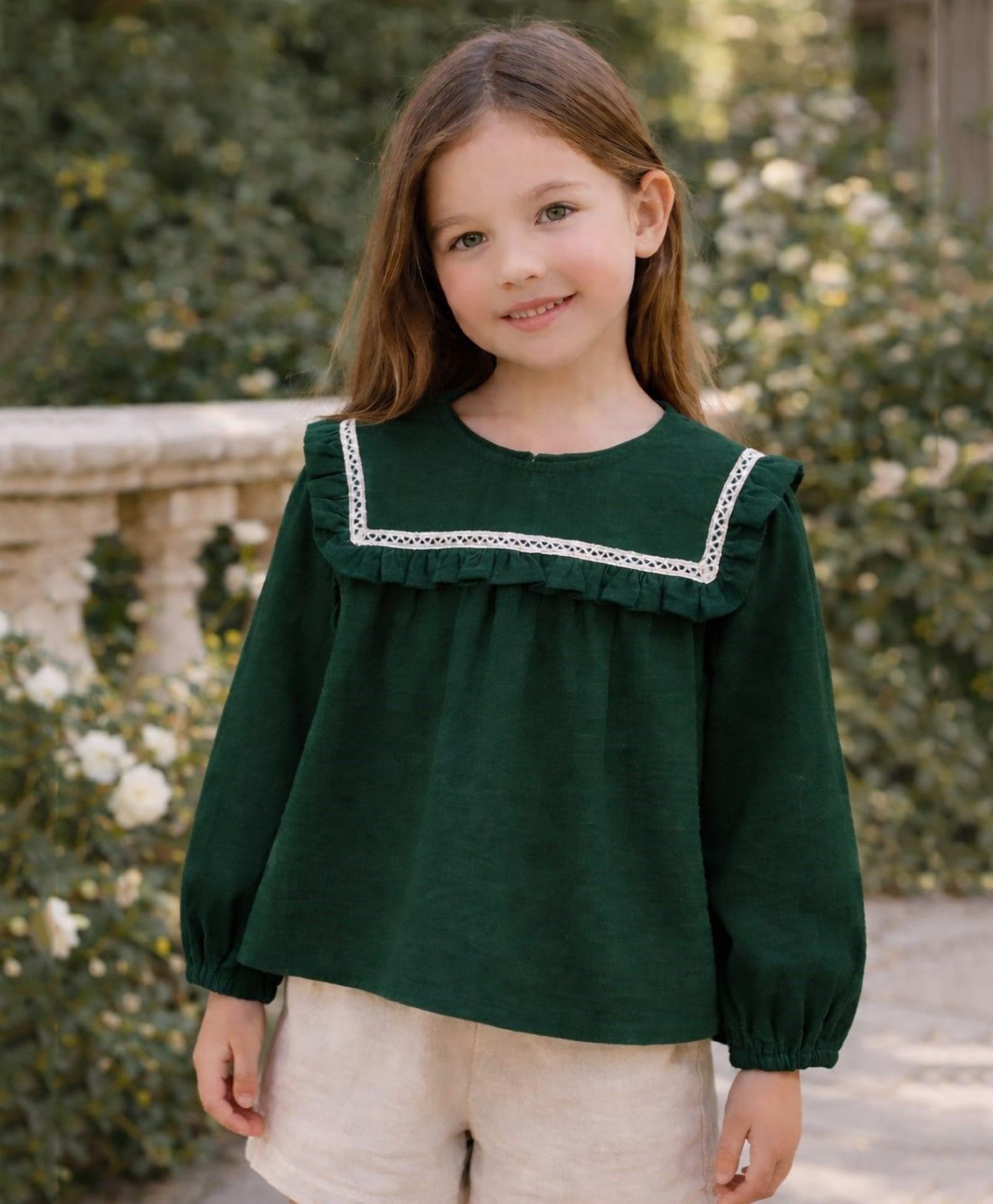 Aww Hunnie Cotton Woven Full Sleeves Lace & Frill Detailed Top - Green-image-28