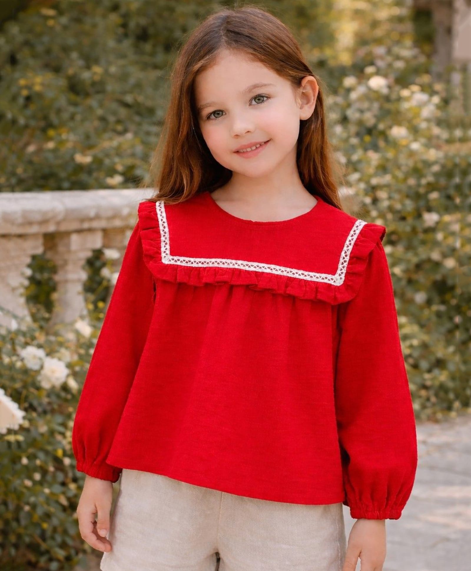 Aww Hunnie Cotton Woven Full Sleeves Lace & Frill Detailed Top - Red-image-41