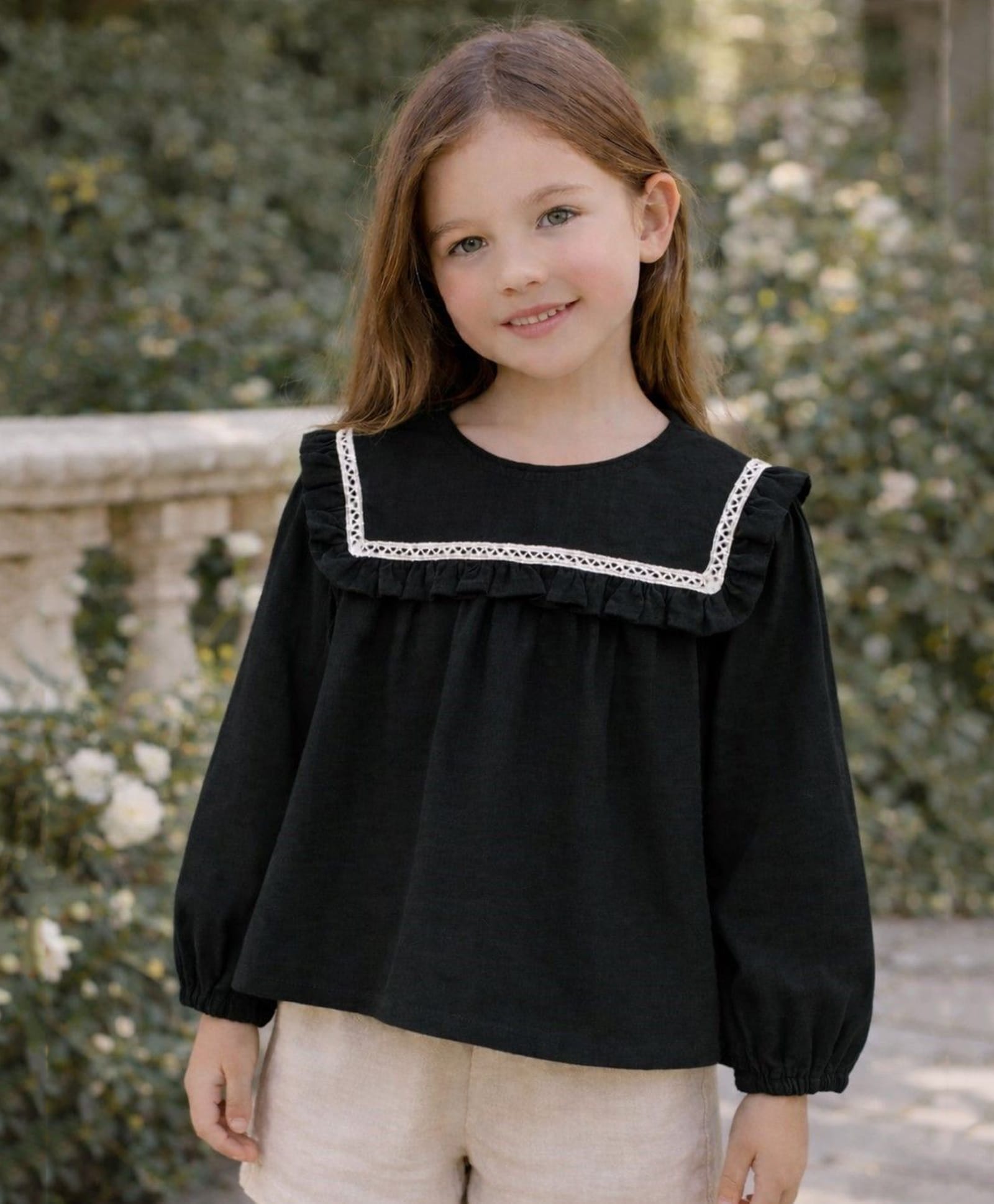 Aww Hunnie Cotton Woven Full Sleeves Lace & Frill Detailed Top - Black-picture-29