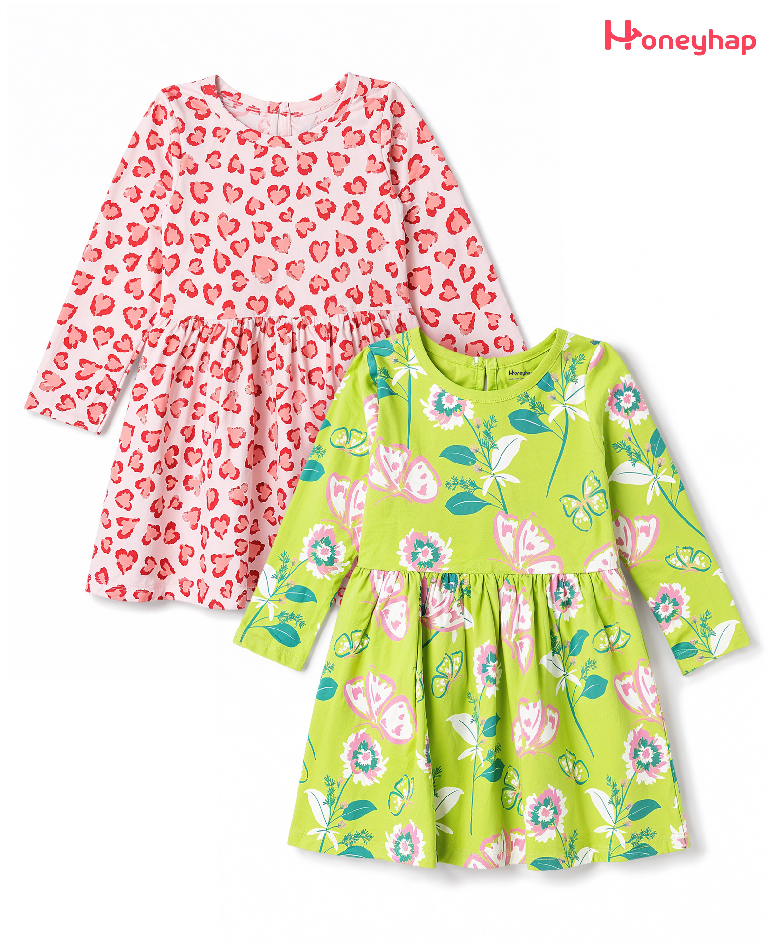 Honeyhap Premium 100% Cotton Knit Full Sleeves Butterfly & Floral Printed Frocks With Bio Finish Pack of 2 - Almond Blossom & Goldfinch-image-15