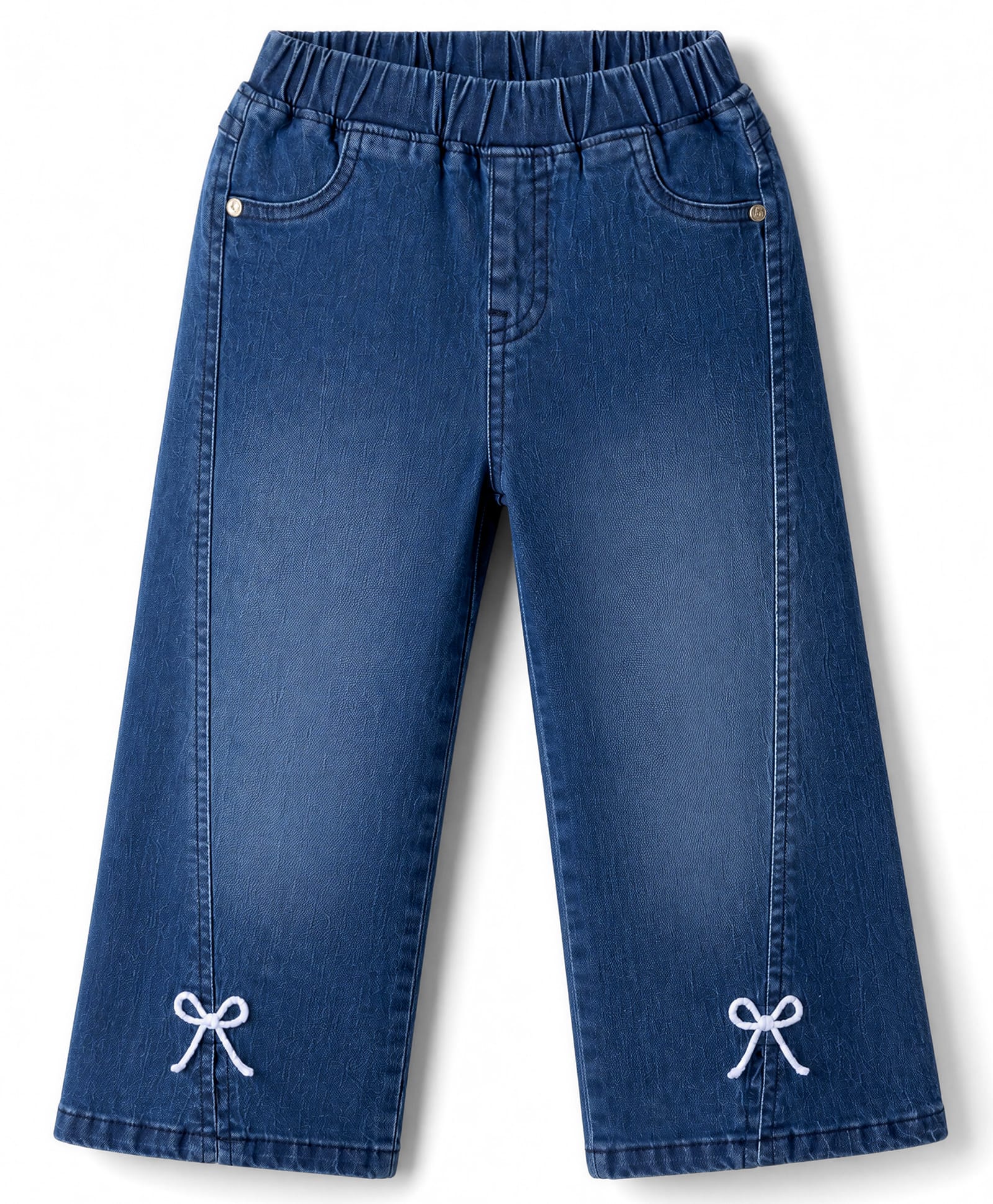 Babyhug Cotton Lycra Denim Full Length Washed Jeans With Stretch & Bow Applique - Navy Blue-picture-10