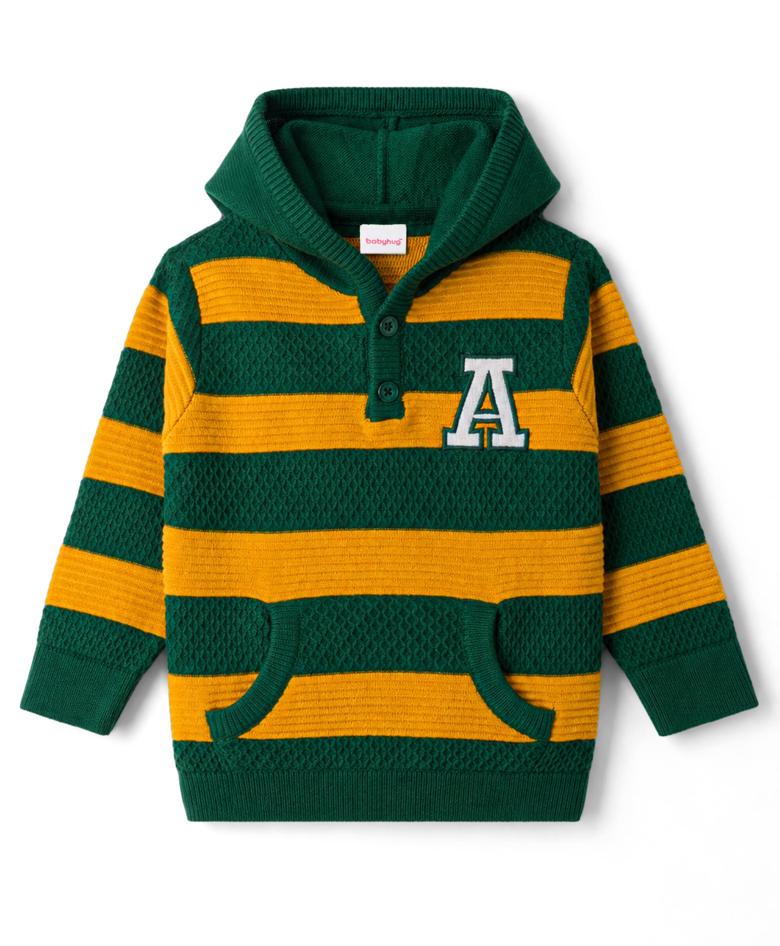 Babyhug Knit Striped Hooded Sweater with Kangaroo Pocket - Green-picture-28