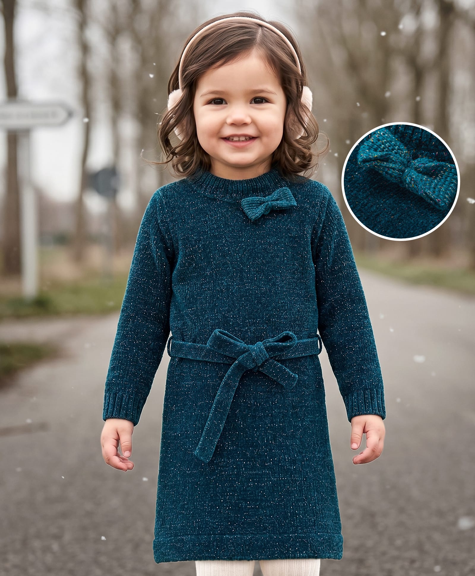 Babyhug Full Sleeves Solid Woollen Dress With Bow Applique & Belt - Teal Blue-image-30