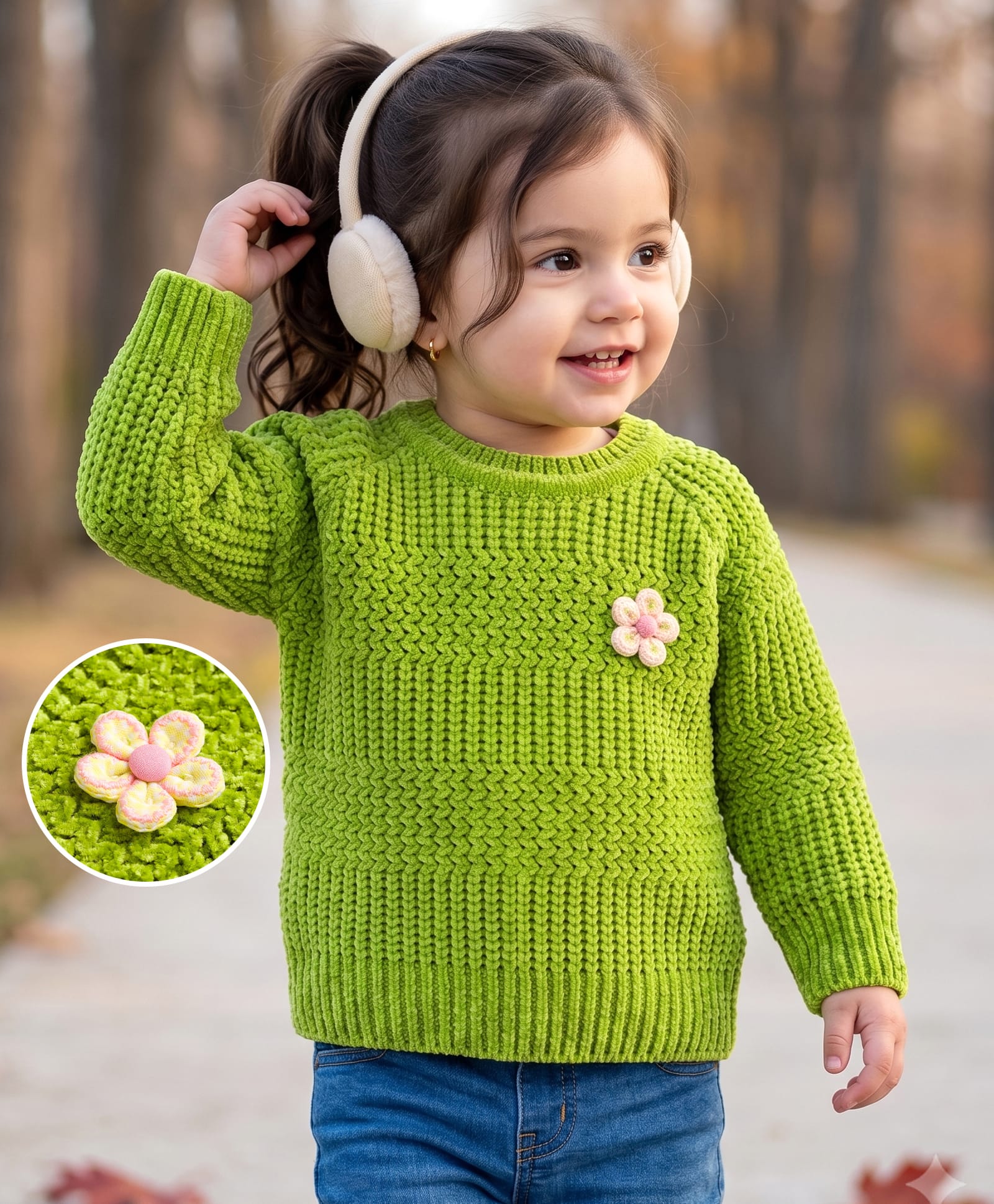 Babyhug Knit Full Raglan Sleeves Solid Colour Cable Knit Designed Pullover with Floral Applique - Limegreen-picture-15