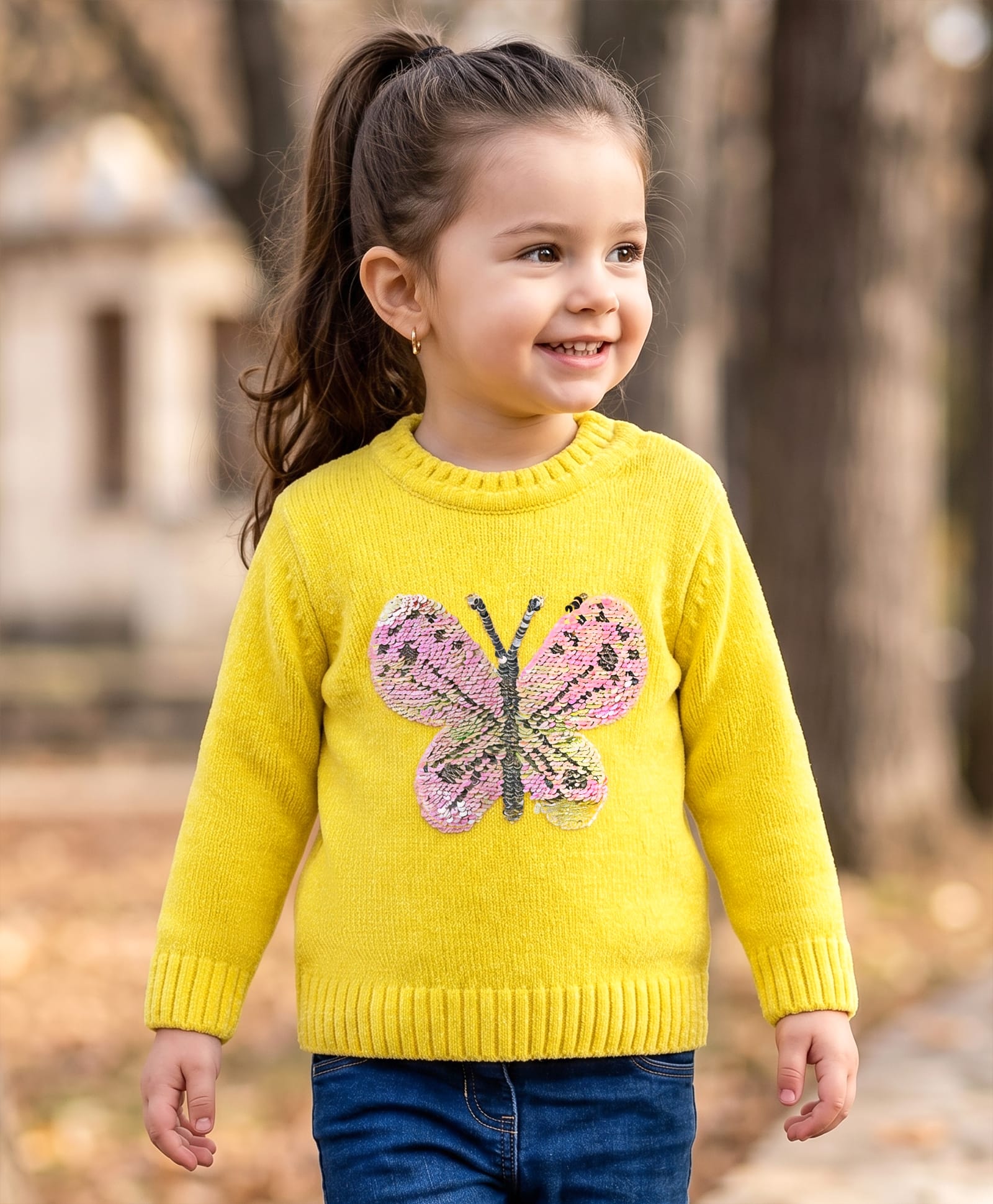 Babyhug Knit Full Sleeves Sequinned Butterfly Design Pullover Sweater - Yellow-image-23