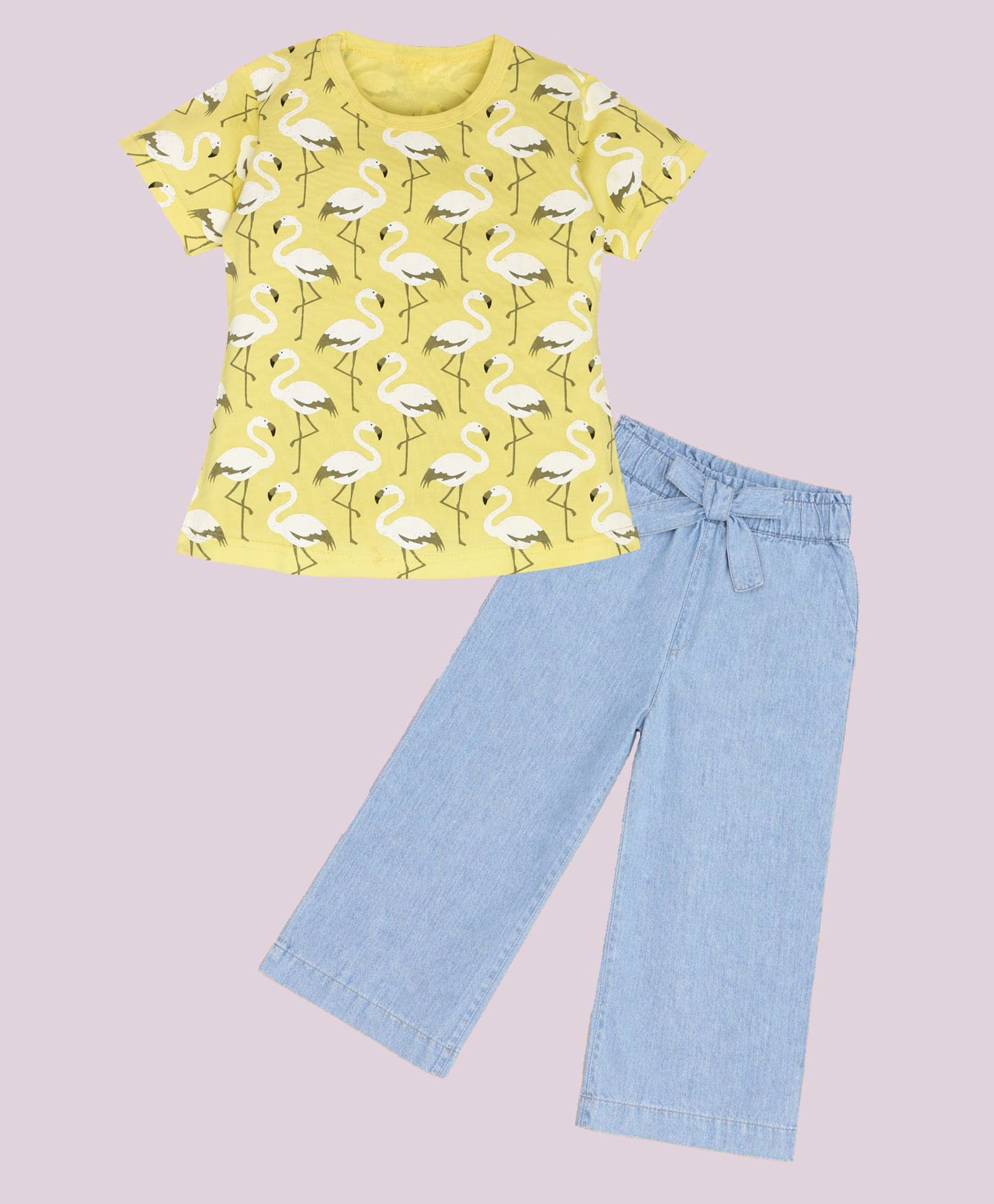 HRIT Cotton Knit Half Sleeves Flamingo Printed Top & Denim Jeans Set - Yellow & Blue-image-23