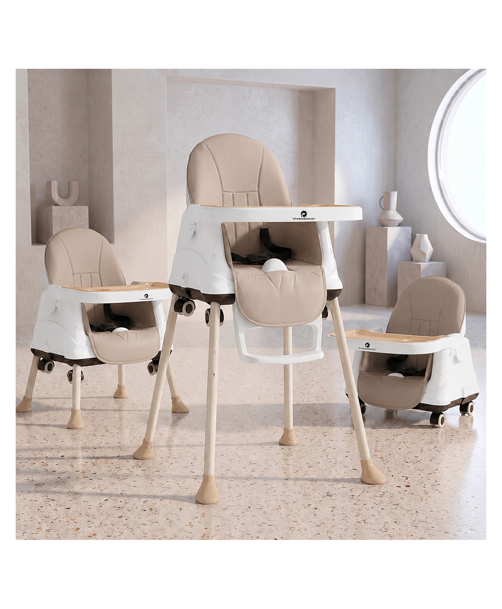 StarAndDaisy Baby High Chair for 0 to 5 Years 4 in 1 Multifunction Feeding Chair with Height Adjustment Wheels Detachable Tray 3 Point Safety Belt Safe Sturdy Comfortable Easy to Use Coffee-image-28