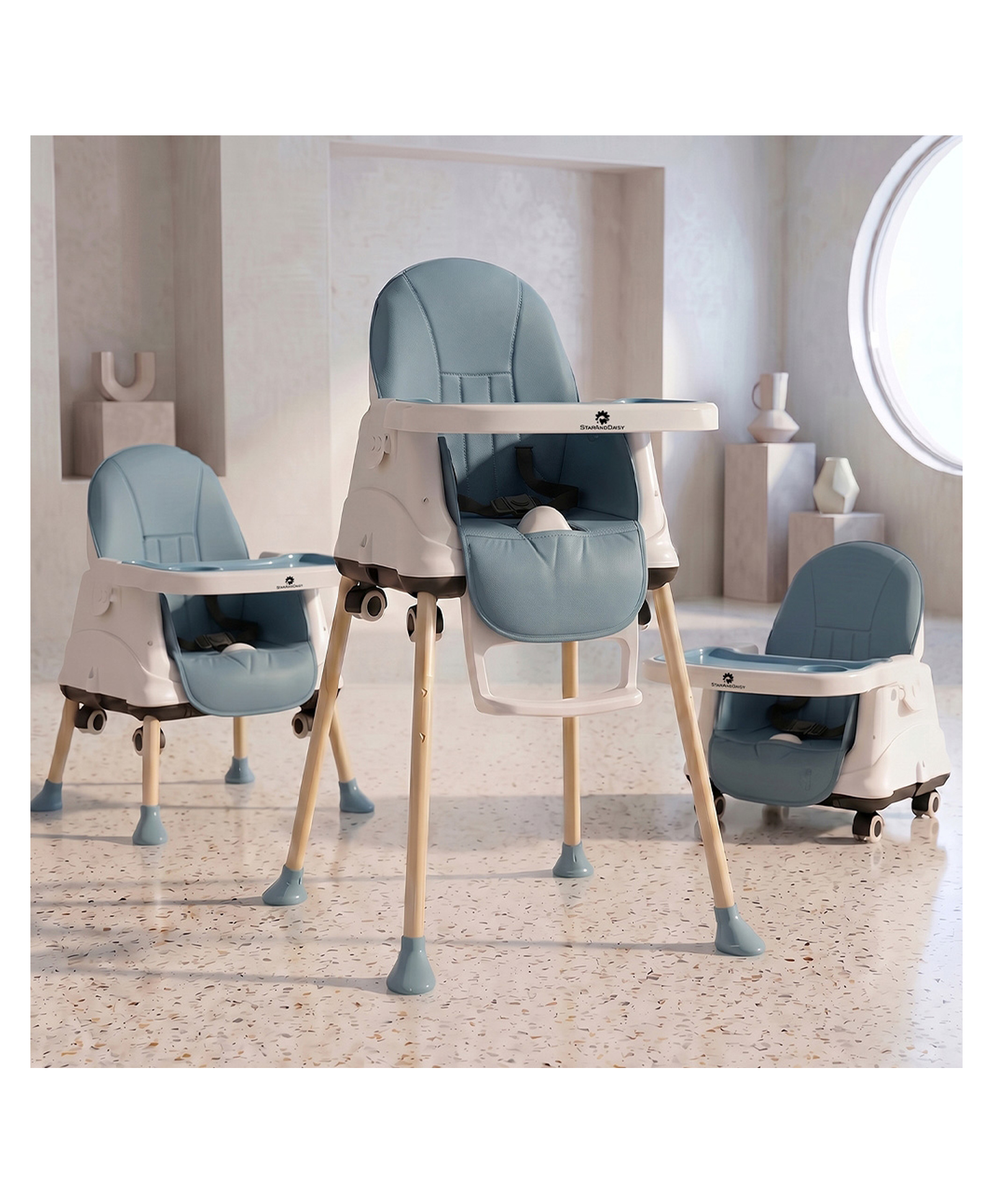 StarAndDaisy Baby High Chair for 0 to 5 Years 4 in 1 Multifunction Feeding Chair with Height Adjustment Wheels Detachable Tray 3 Point Safety Belt Safe Sturdy Comfortable Easy to Use Blue-image-46
