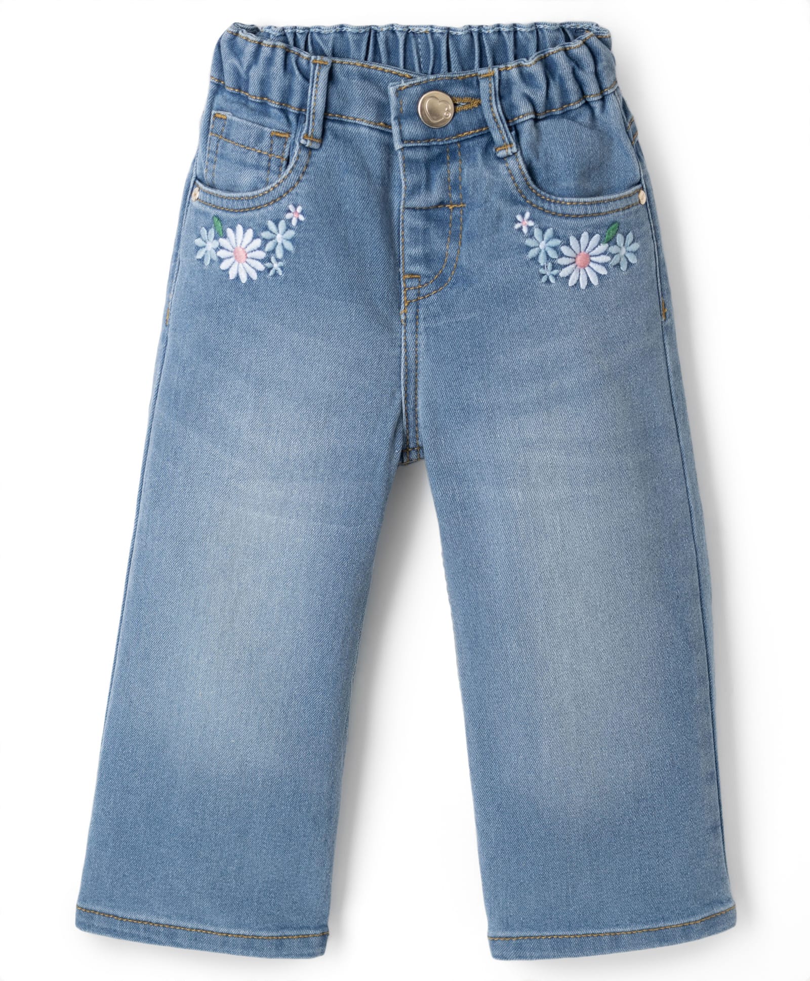 Babyhug Cotton Lycra Denim Full Length Flower Embroidered Washed Jeans With Stretch - Navy Blue-picture-25