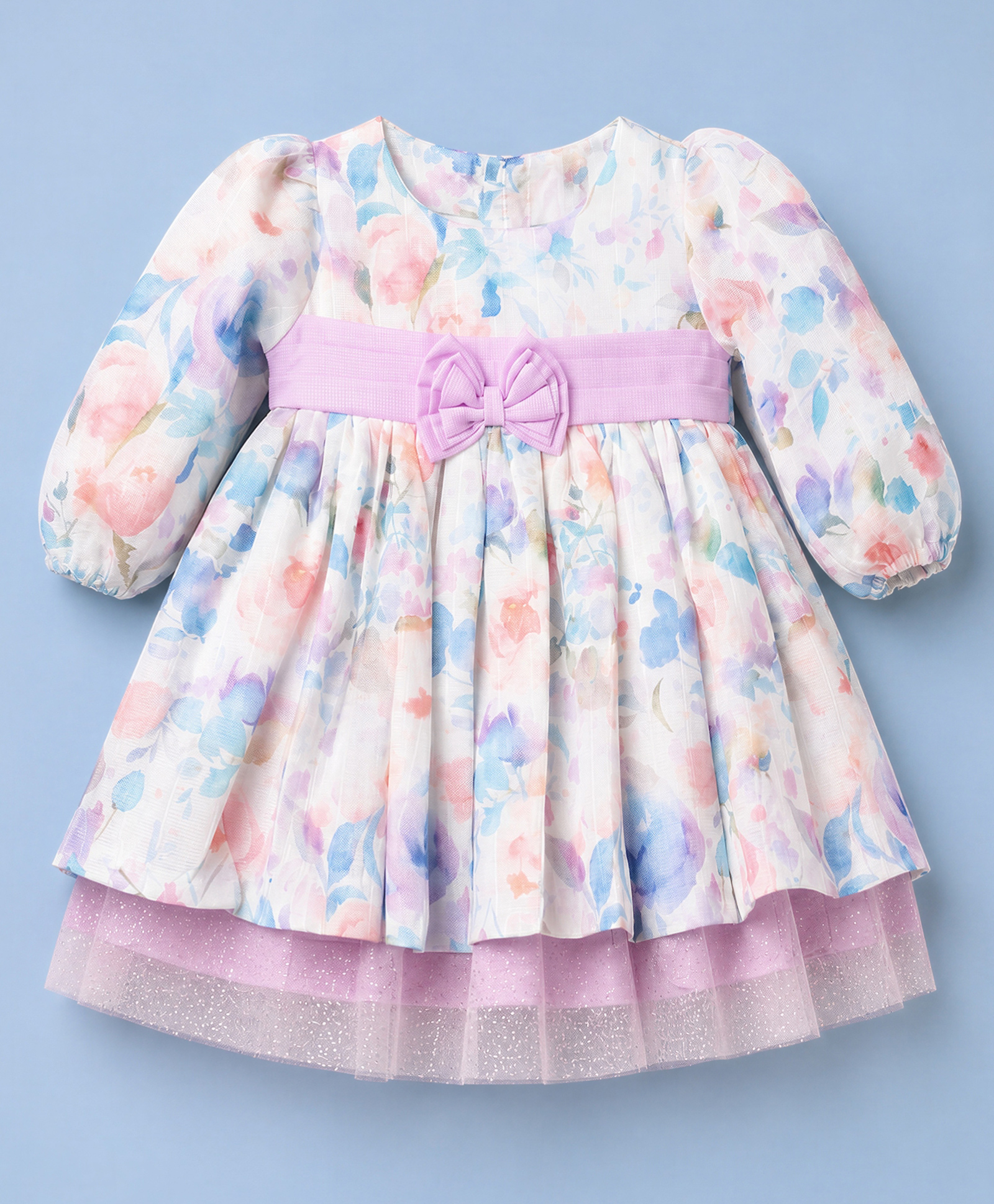 ToffyHouse Cotton Woven Full Sleeves Frock With Floral Print & Bow Applique - Offwhite-picture-9