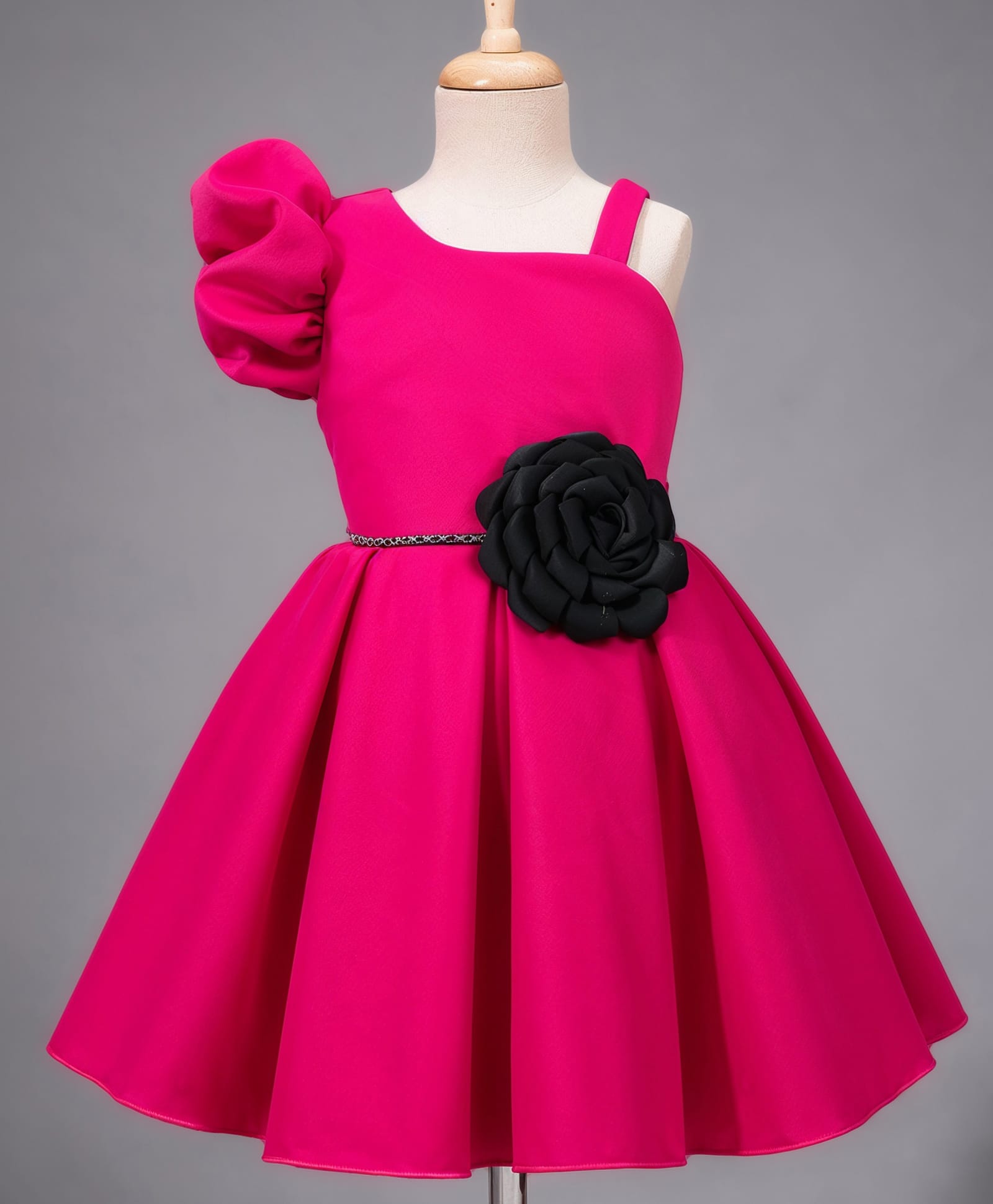 Bluebell Satin Woven Sleeveless Solid Pleated Party Dress With Floral Applique - Dark Pink-image-13
