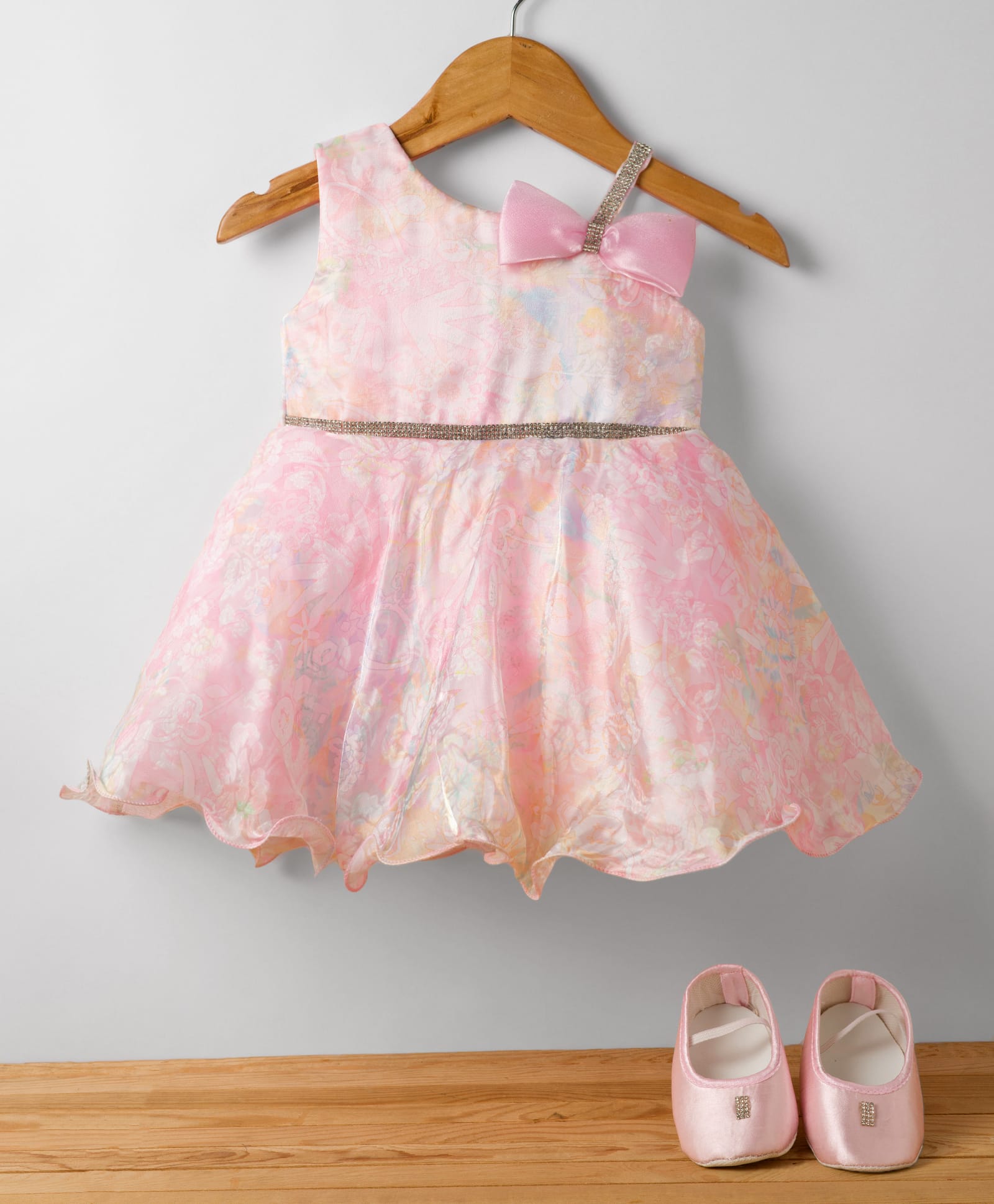 Bluebell Satin Woven Sleeveless Floral Printed Party Dress With Bow Applique & Booties - Pink-image-13