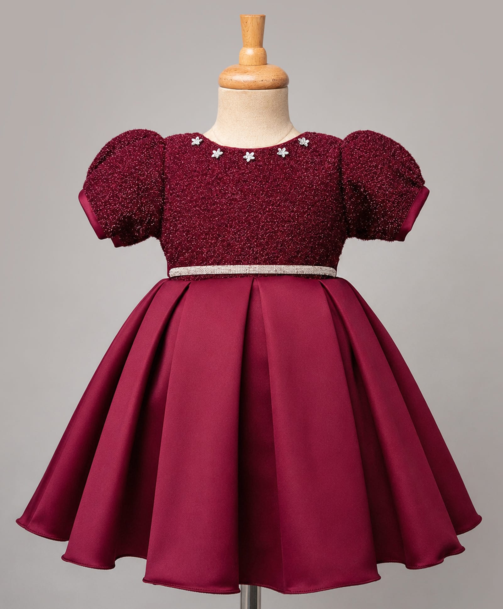 Bluebell Satin Woven Half Sleeves Party Dress With Floral Applique & Lace Embellished - Maroon-image-2