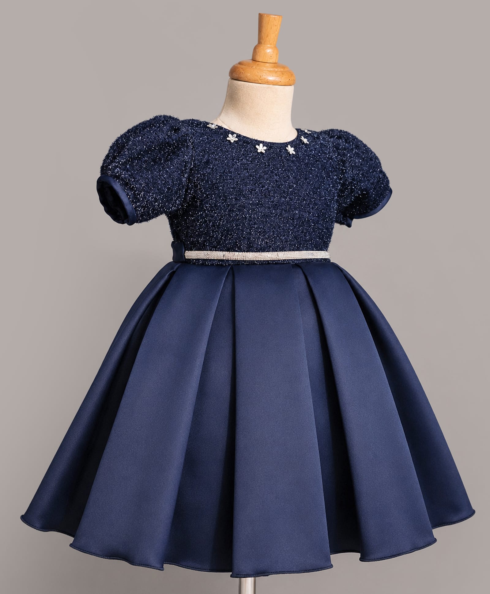 Bluebell Satin Woven Half Sleeves Party Dress With Floral Applique & Lace Embellished - Navy-image-18