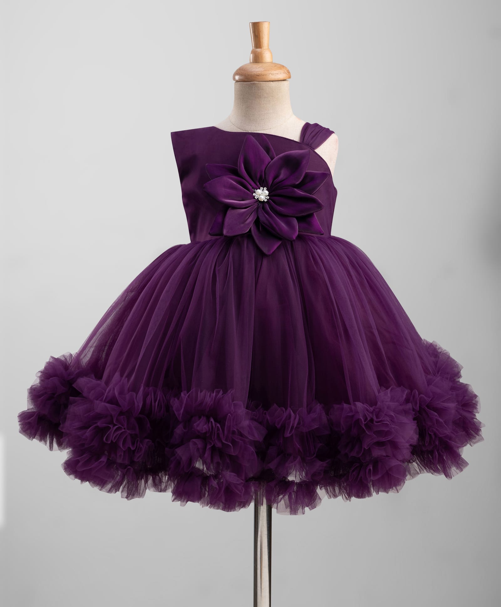 Bluebell Net Woven Sleeveless Party Dress With Floral Applique - Wine-image-35