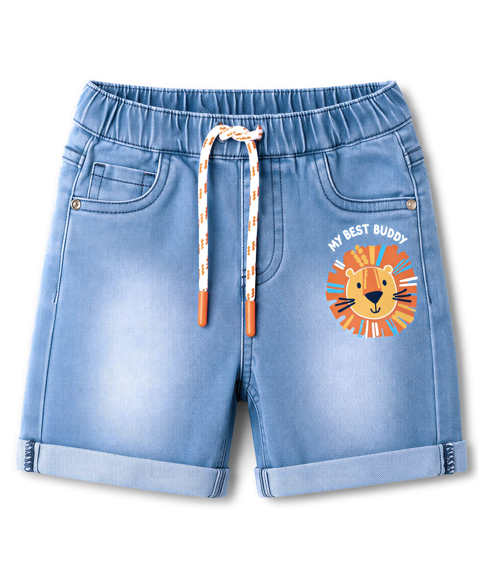 Babyhug Denim Washed Lion Cartoon Printed Shorts with Stretch -Sky Blue-image-36
