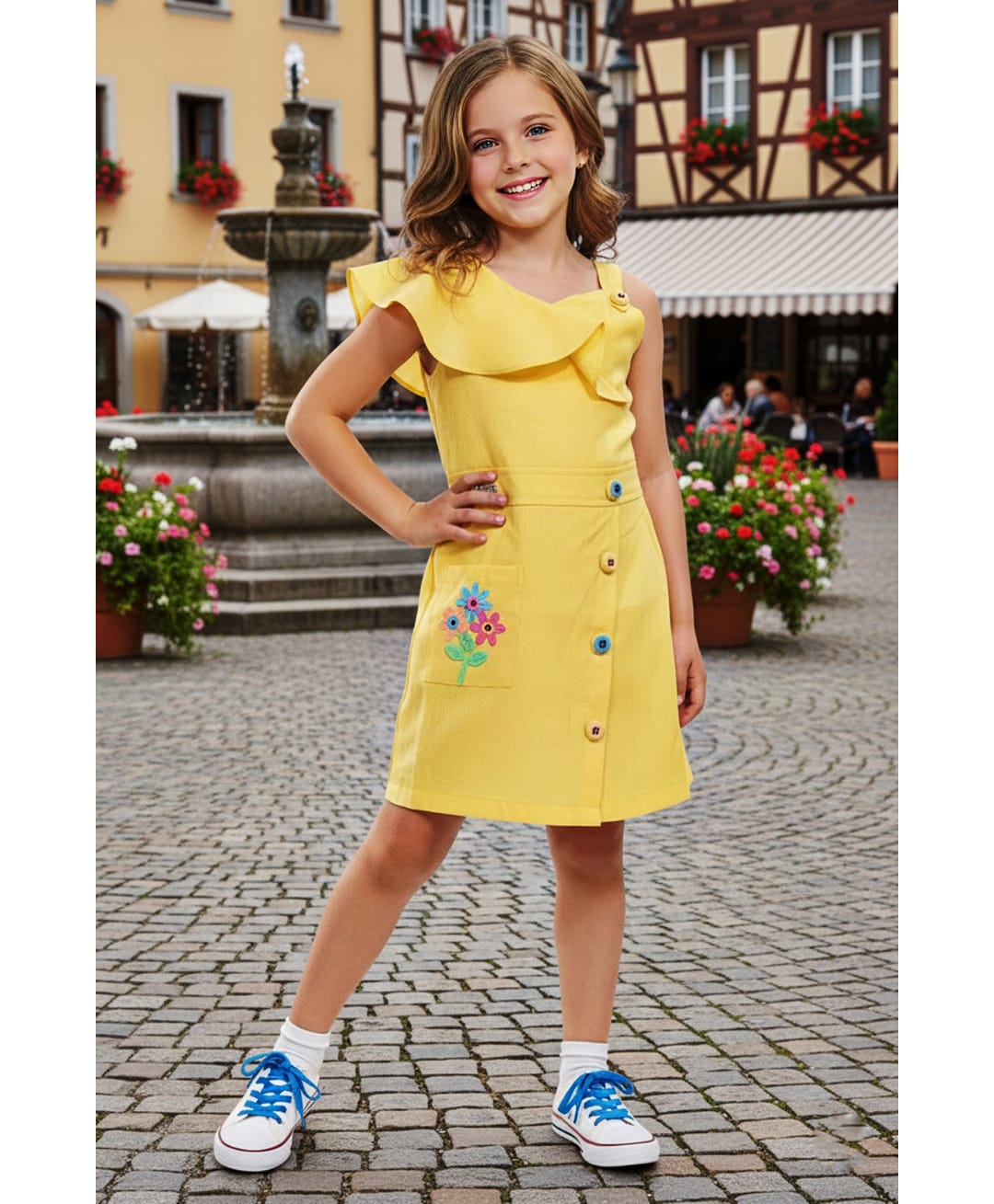 Lei-Chie Cotton Blend Woven Frill Sleeves Floral Embroidered Jumpsuit - Yellow-picture-13