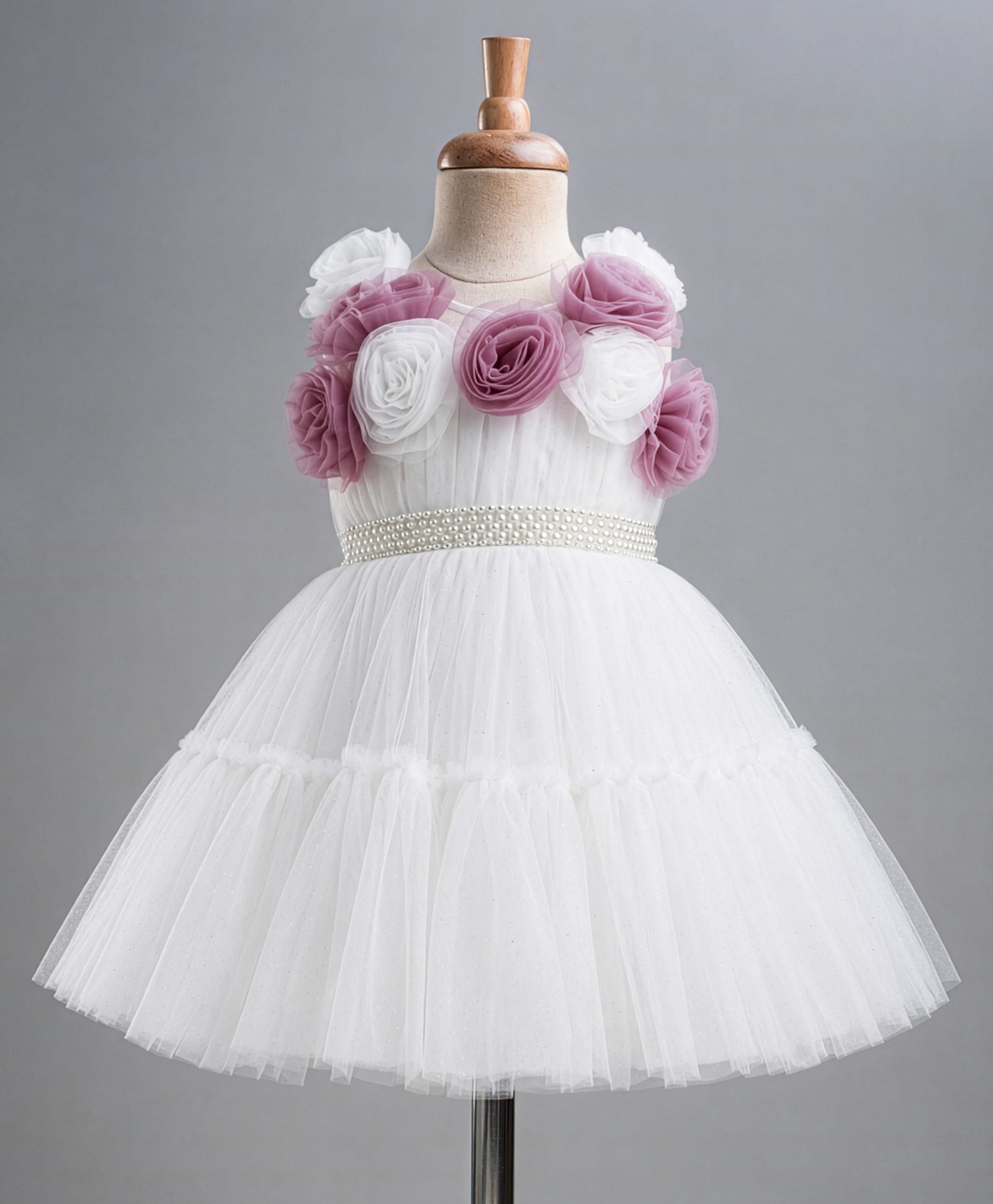 Enfance Net Woven Sleeveless Flared Party Dress With Floral Applique & Pearl Detailing - White-picture-21
