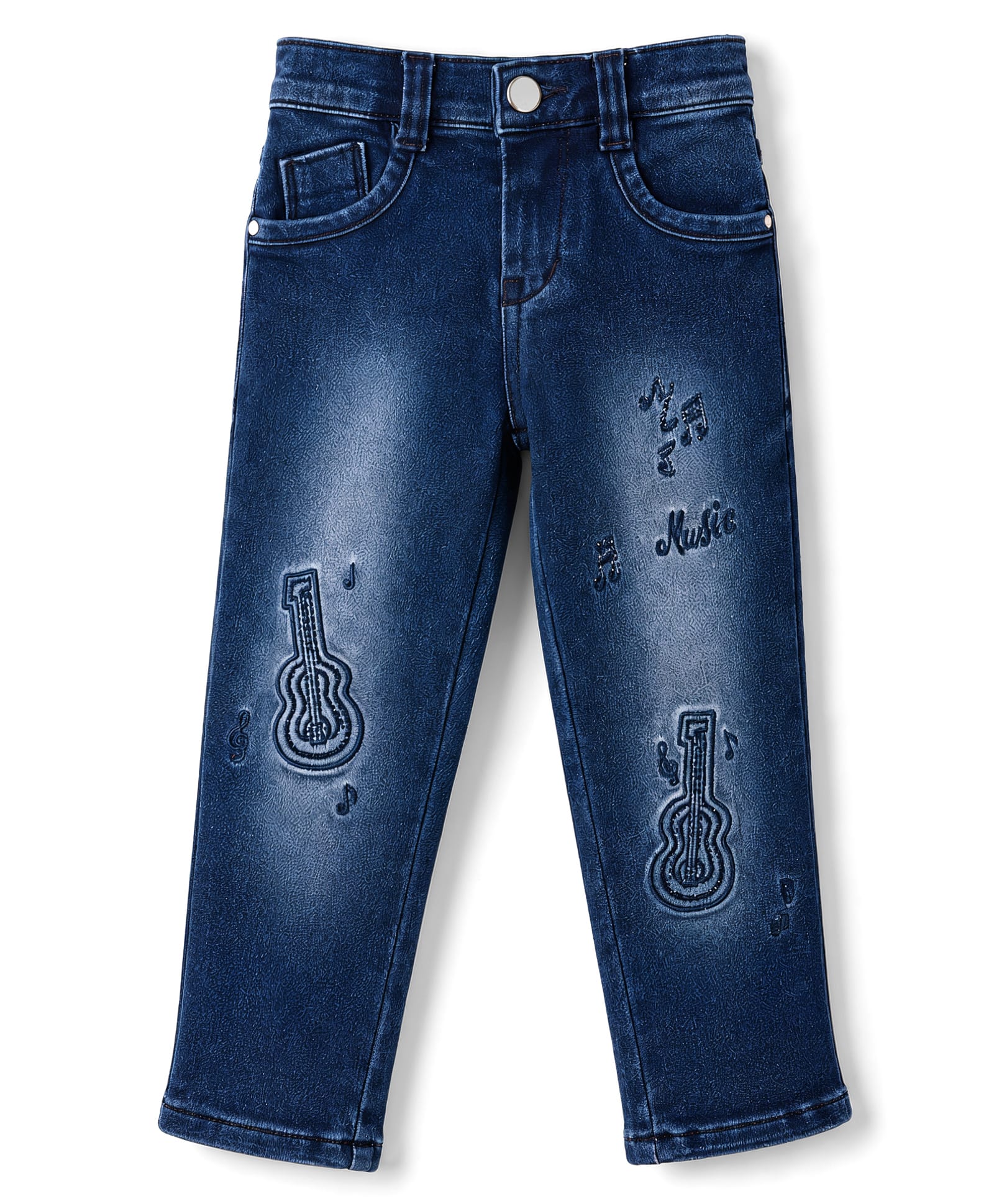 Enfance Denim Woven Full Length Washed Jeans With Guitar Embroidery - Blue-picture-13