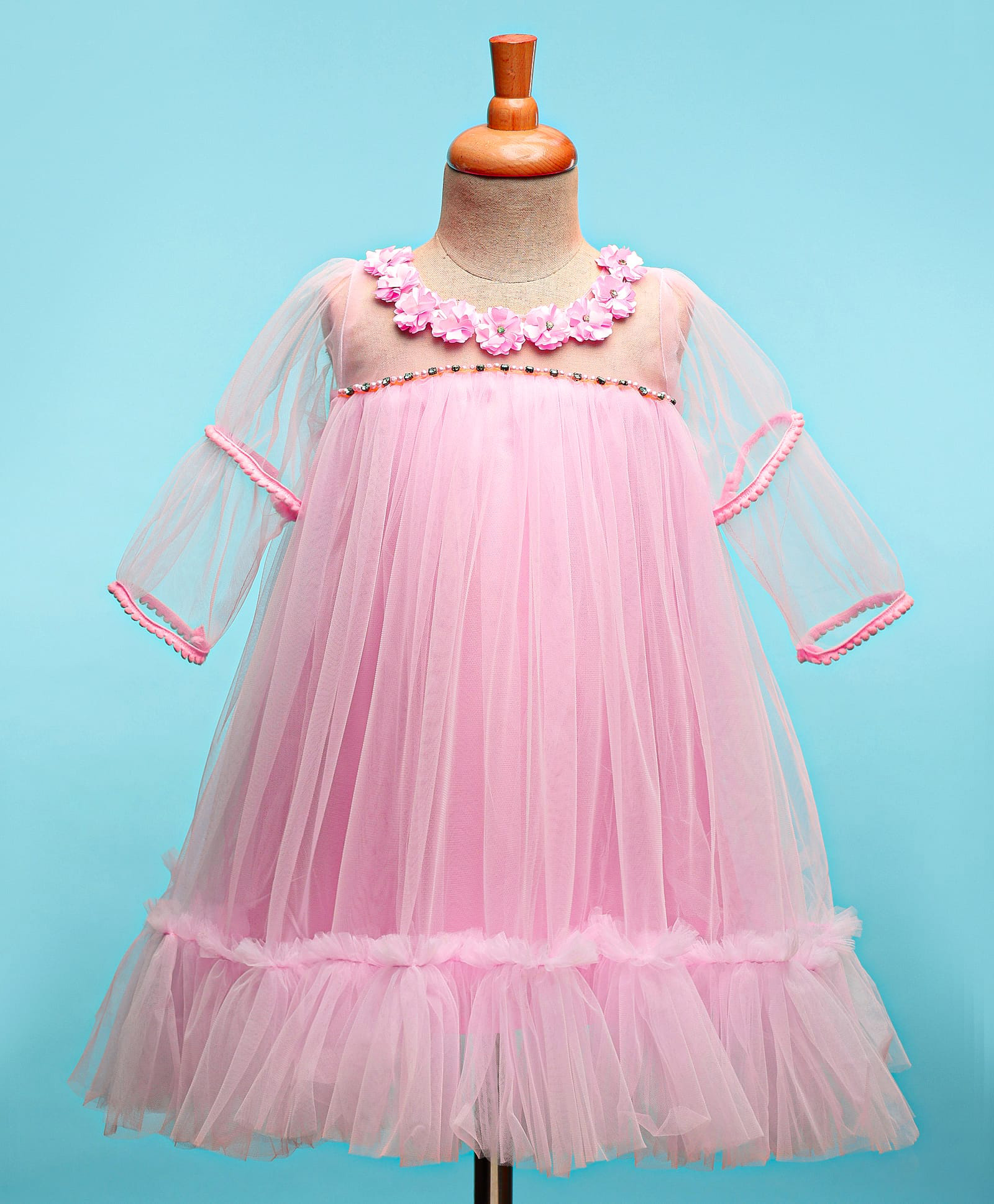 Enfance Net Woven Three Forth Sleeves Floral Applique Solid Party Dress With Pearl Embellishment - Pink-image-34