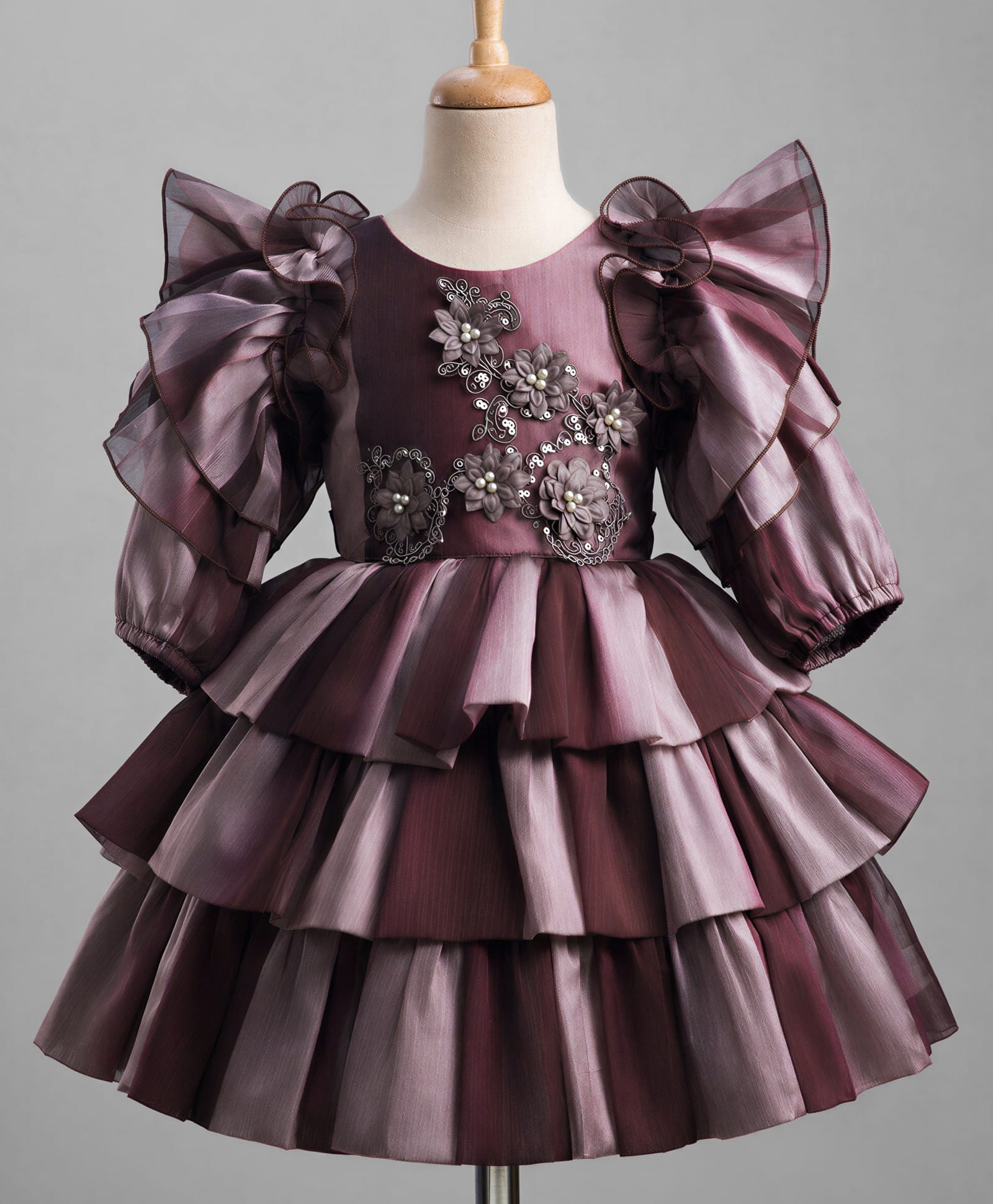 Enfance Net Woven Three Forth Sleeves Floral Applique & Sequinned Layered Party Dress - Wine-picture-48