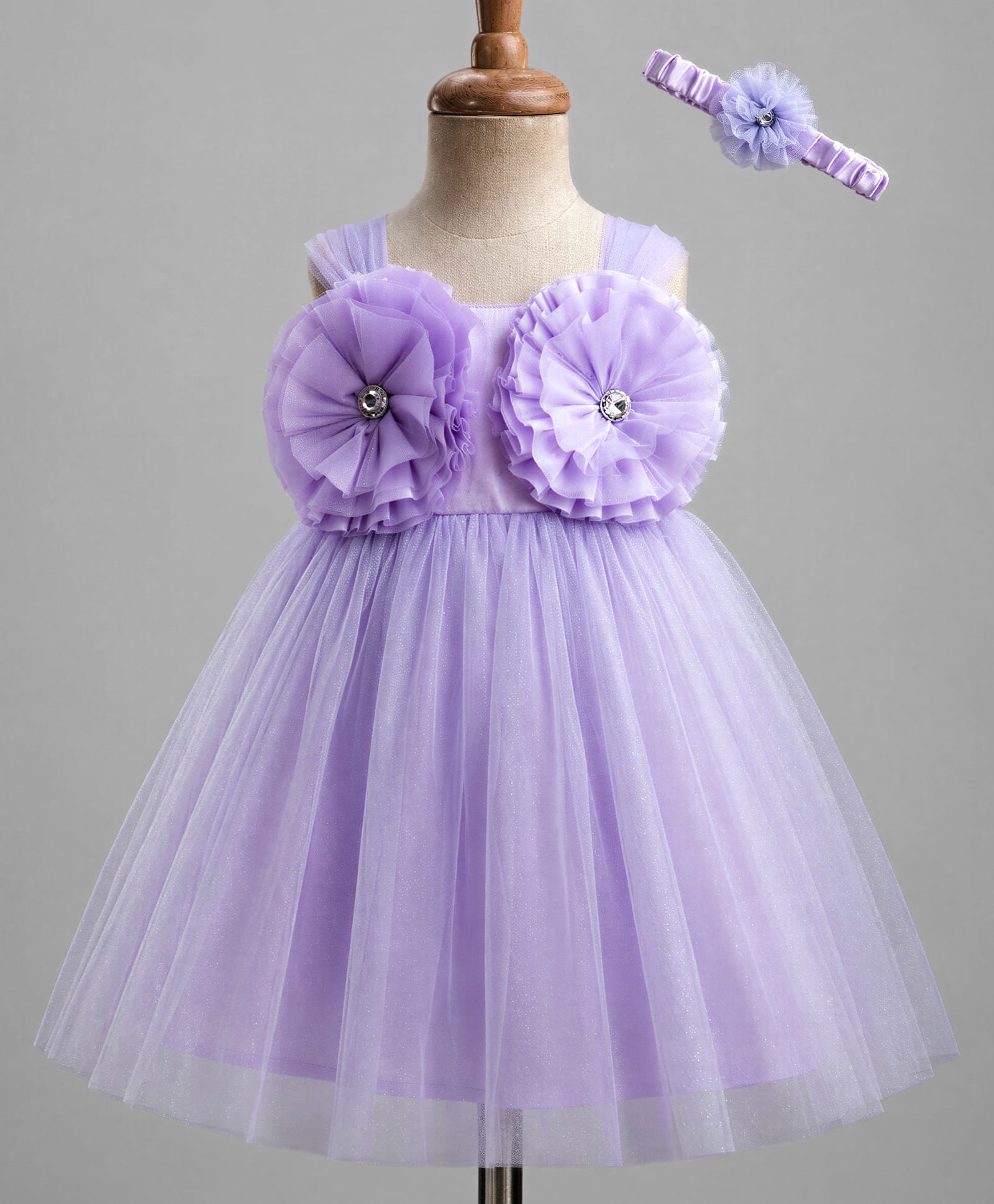 Enfance Net Woven Sleeveless Party Dress With Floral Applique & Headband - Lavender-picture-48