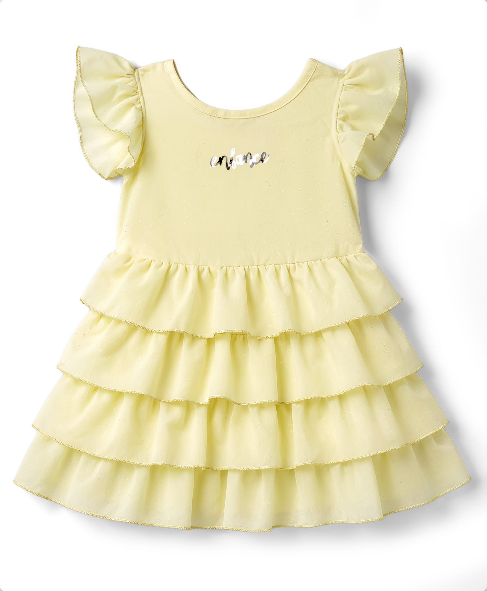 Enfance Woven Frill Cap Sleeves Text Foil Printed Fut & Flared Layered Frock - Yellow-picture-24