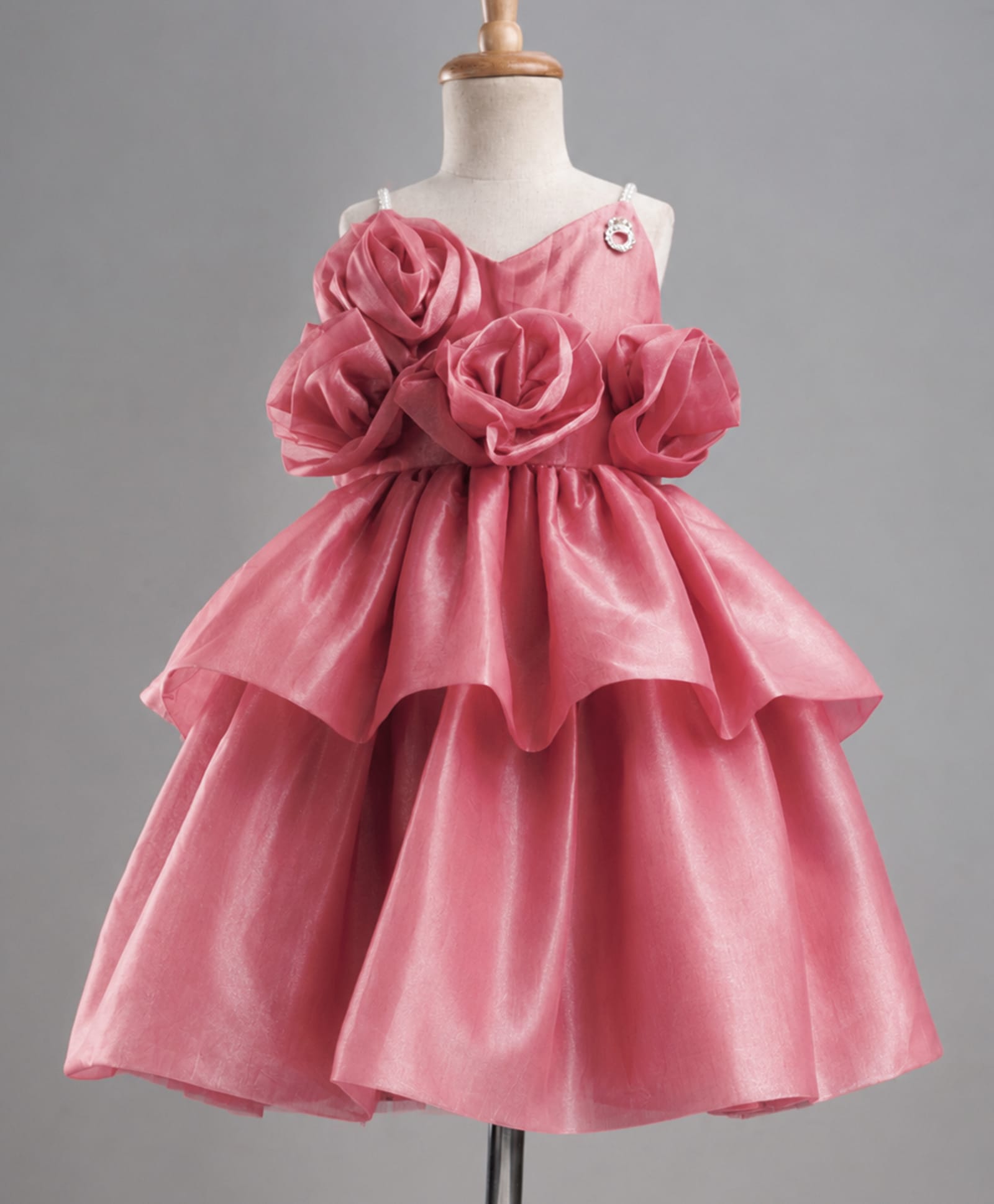 Enfance Net Woven Sleeveless Layered Party Dress With Floral Applique - Pink-picture-0