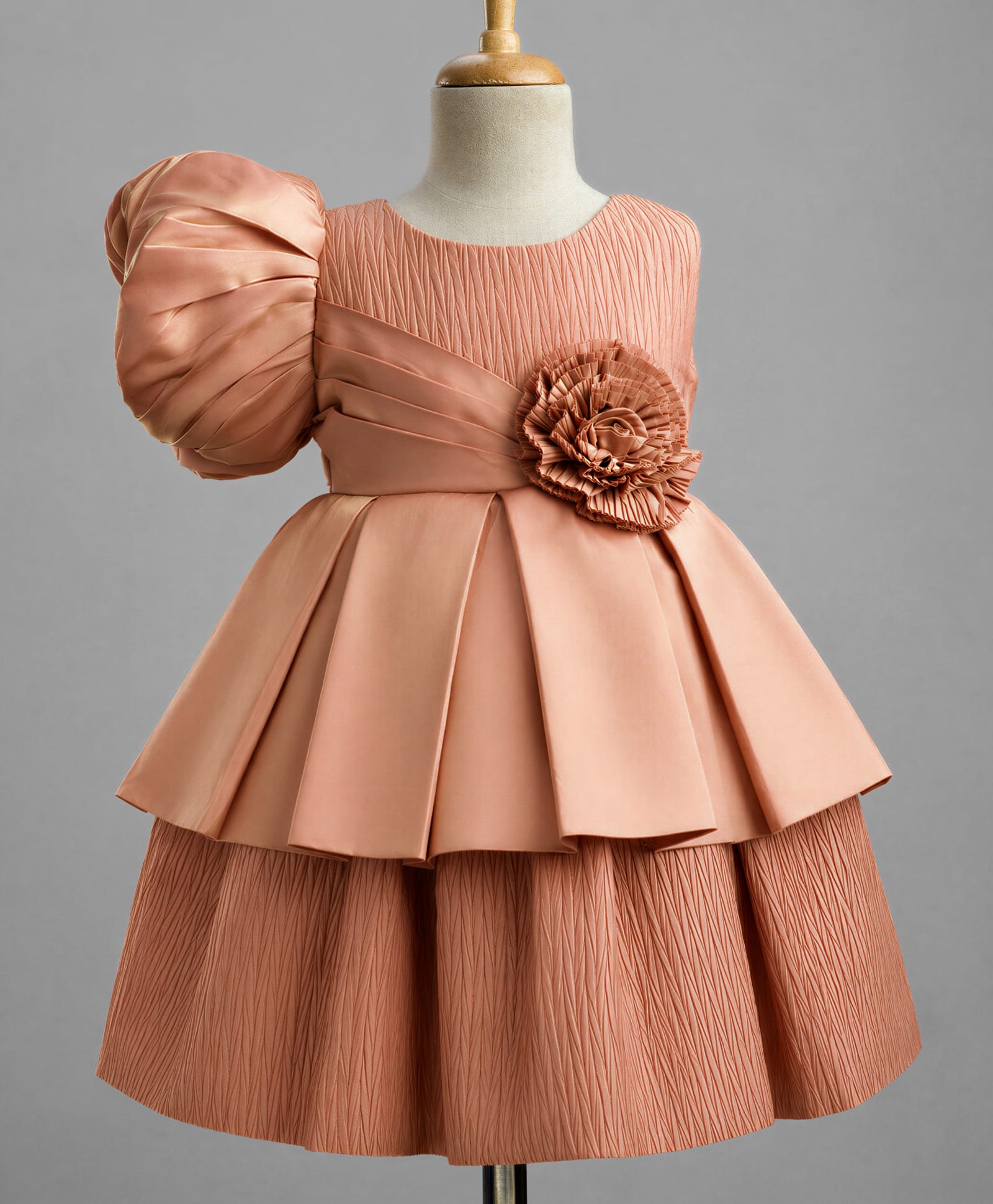 Enfance Woven One Shoulder Flower Applique Textured Layered Pleated Party Dress - Peach-picture-19