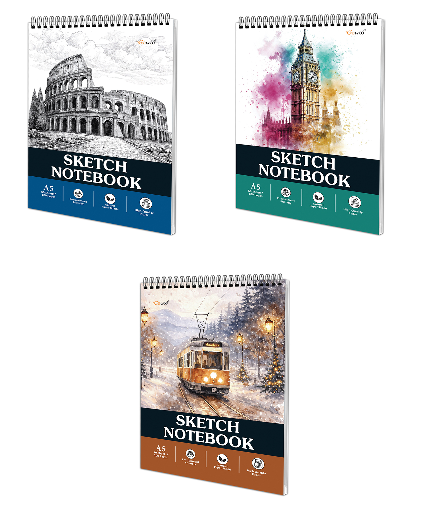 Gowoo Winter Tram Spiral Sketch Notebook, London Cityscape Spiral Sketch Notebook, Ancient Rome Spiral Sketch Notebook :- city scene sketch book, winter theme art notebook | Combo of 3 Book-image-48