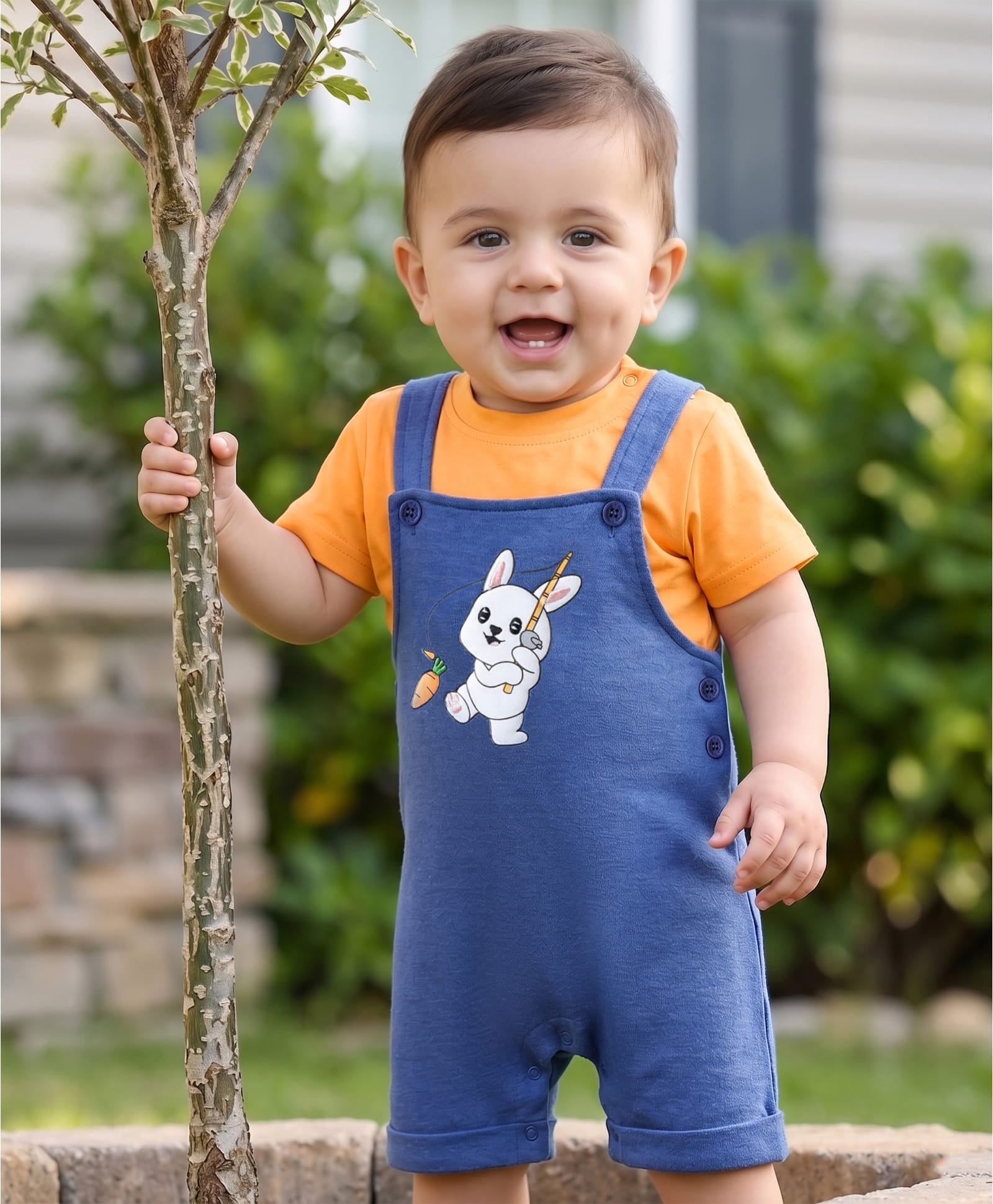 Babyhug Single Jersey Knit Dungaree Style Romper & Half Sleeve T-Shirt With Bunny Print - Orange & Blue-image-10
