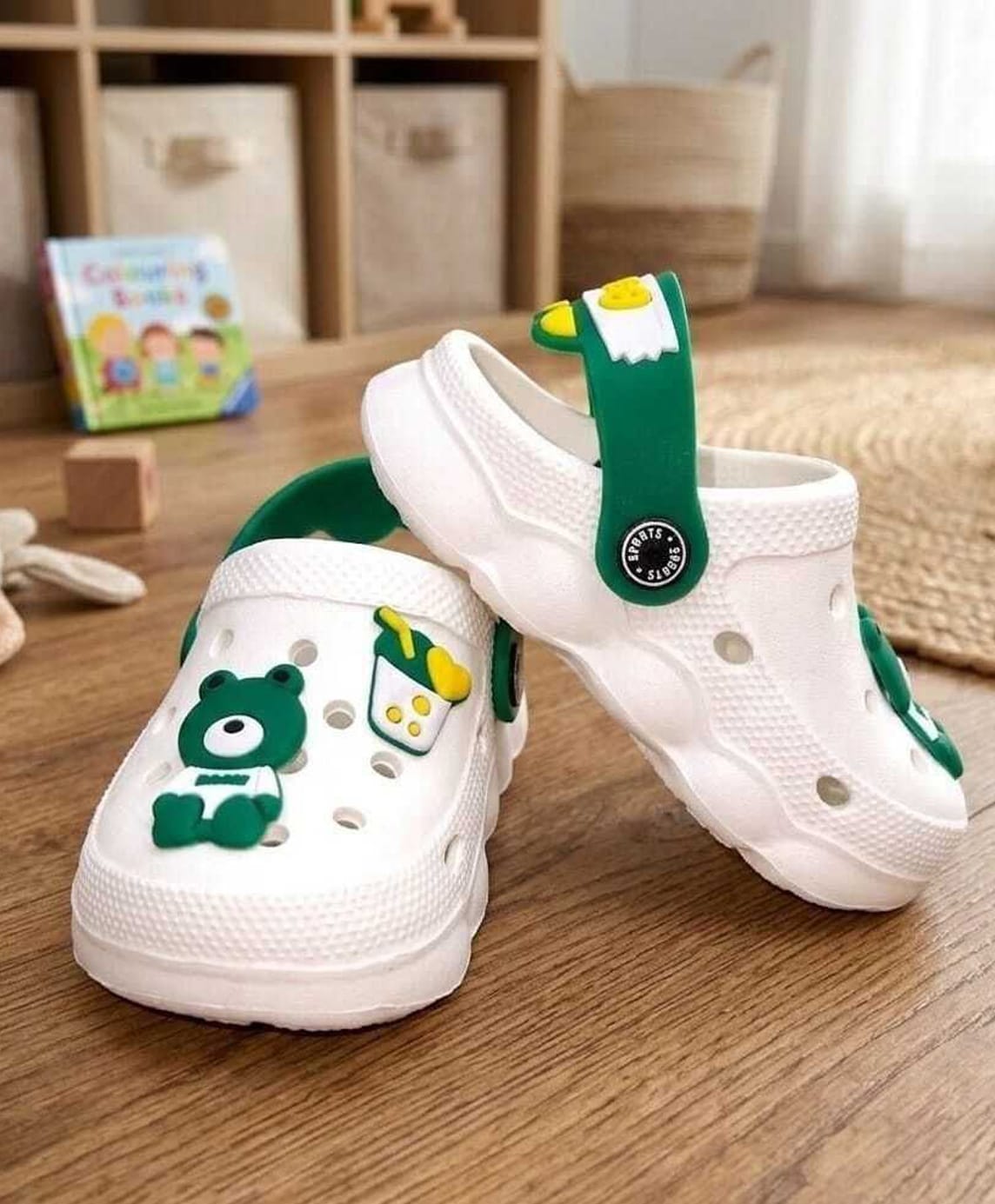 Binos Bear Applique Detailed Perforated Slingback Clogs - White & Green-picture-21