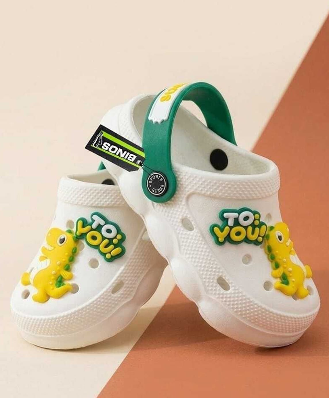 Binos Dinosaur Applique Detailed Perforated Slingback Clogs - White & Green-picture-20